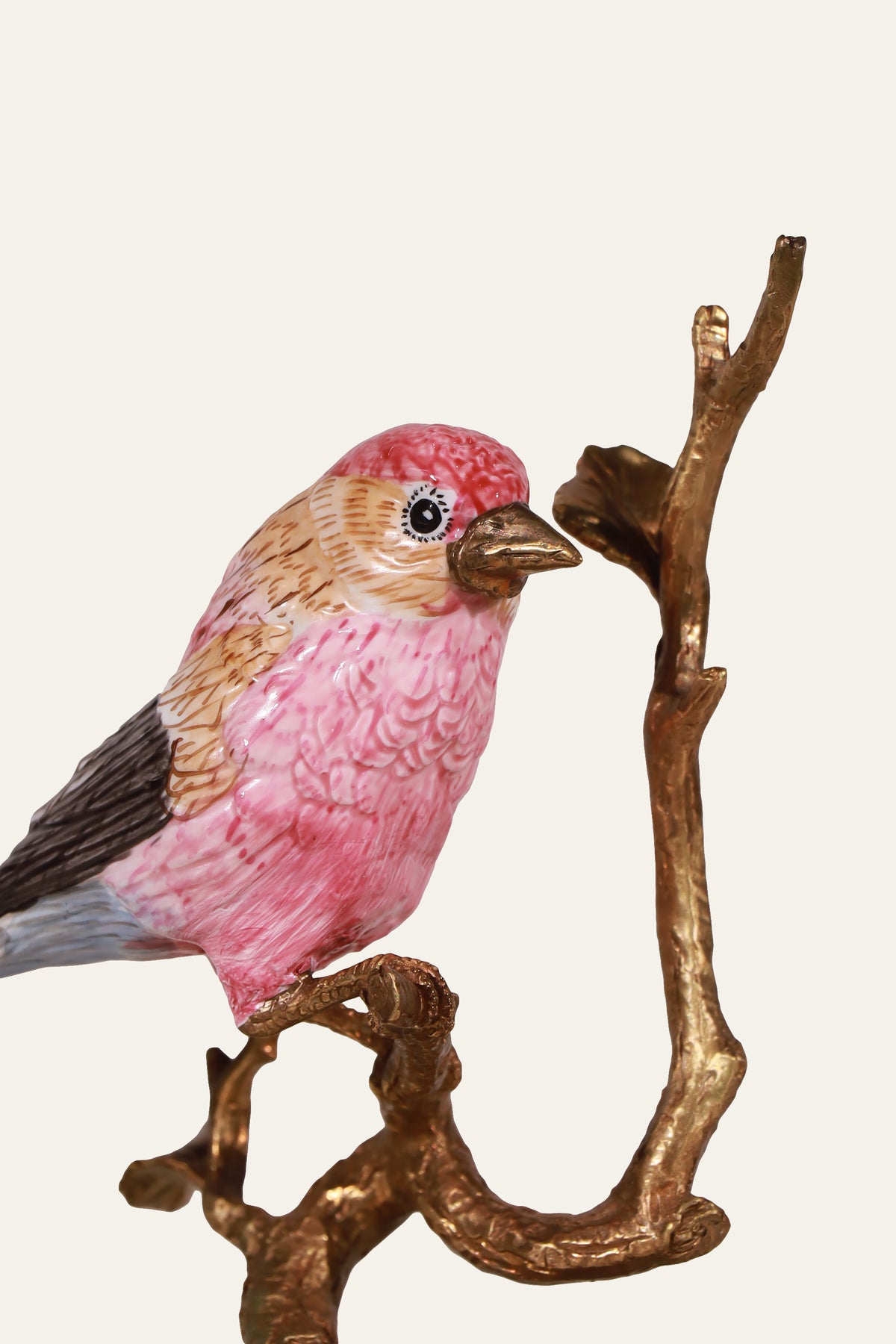 Pink Porcelain Bird Figurine on Sculpted Branch
