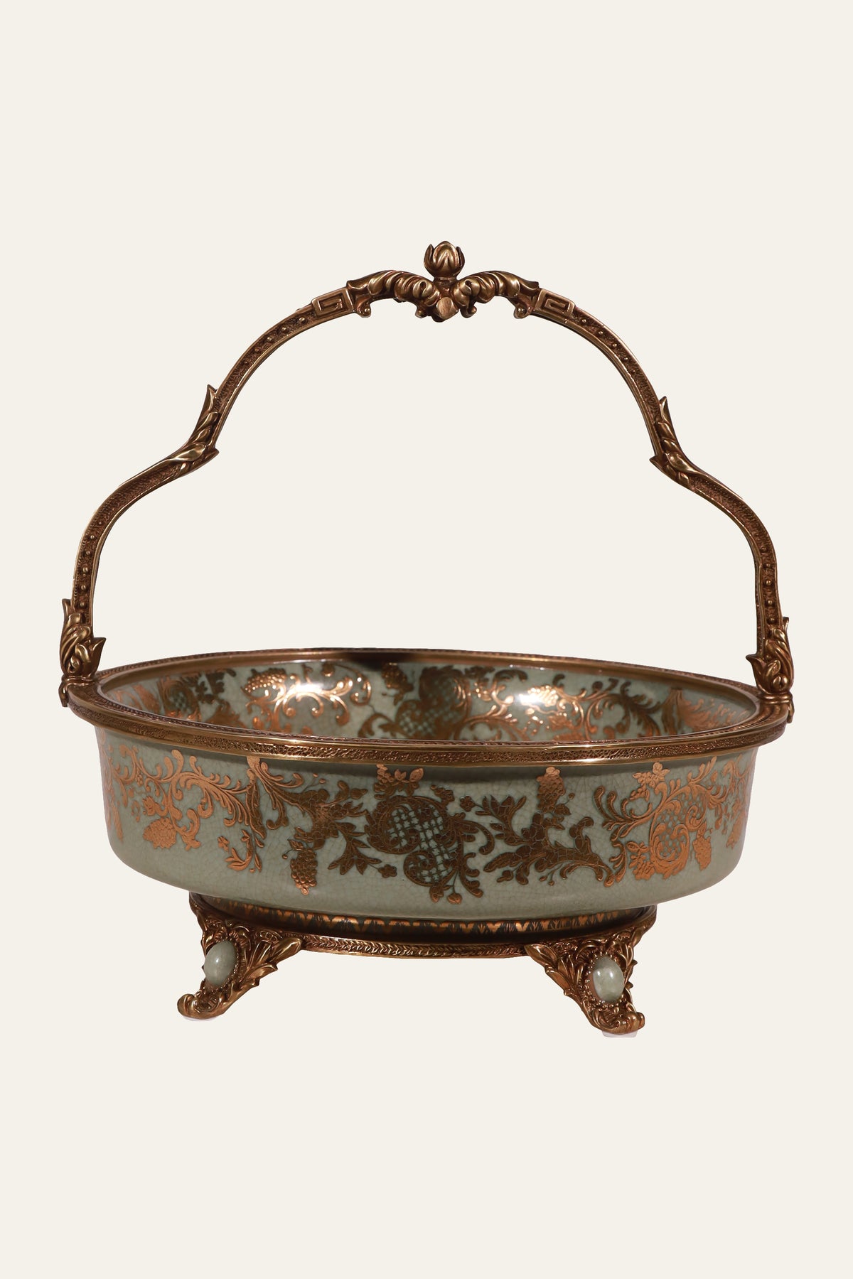 Sage Green Floral & Foliage Porcelain Bowl with Sculpted Handles