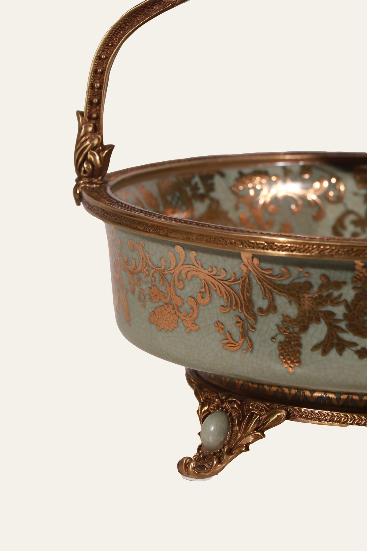 Sage Green Floral & Foliage Porcelain Bowl with Sculpted Handles