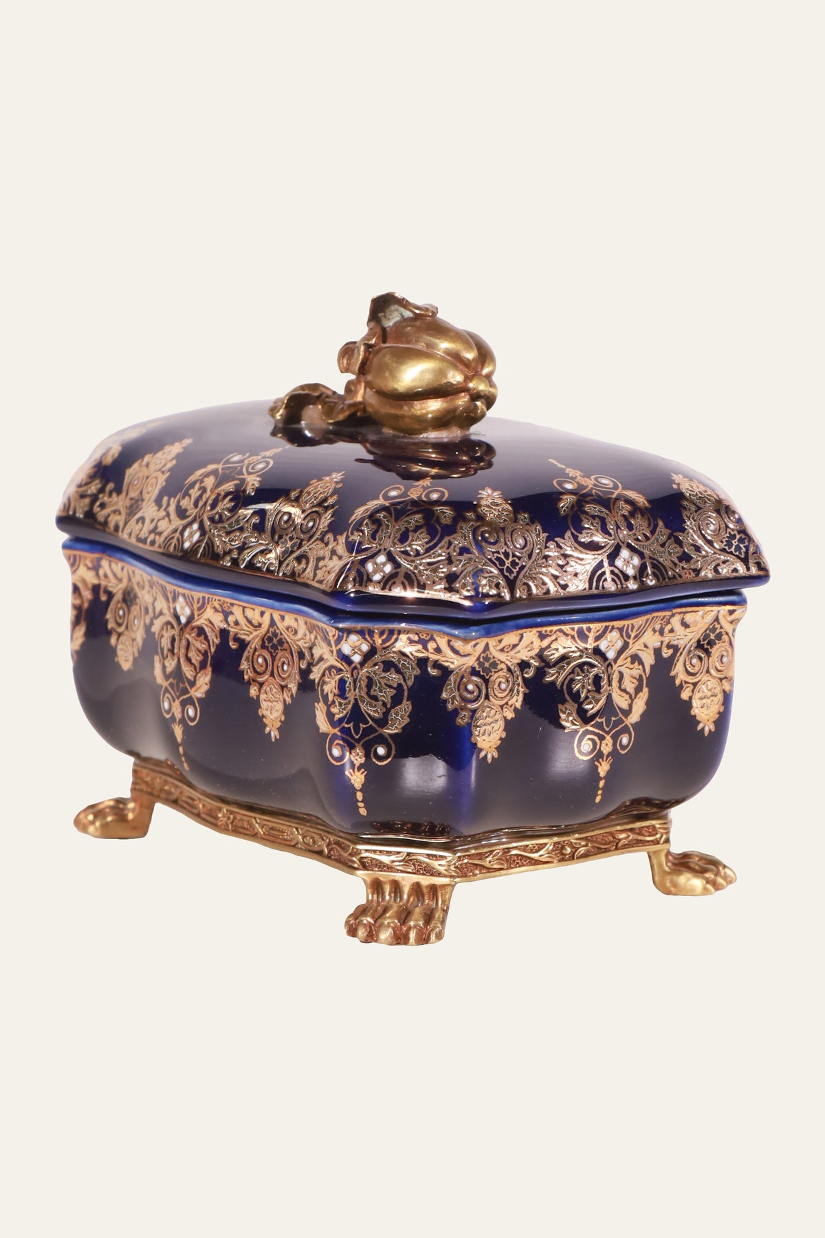 Dark Blue Porcelain Jewelry Casket Box with Fruit Finial