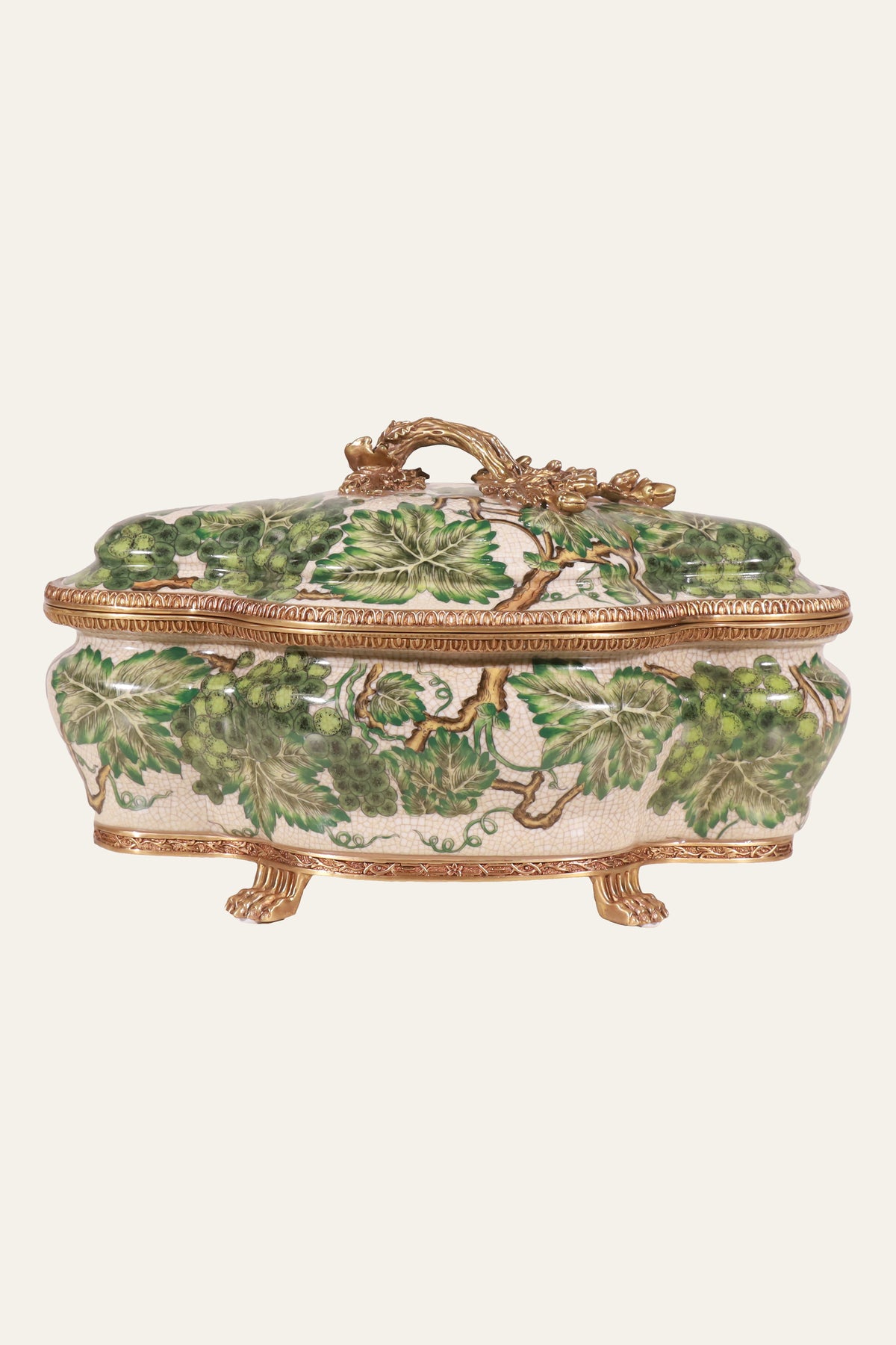 Handpainted Green Grapevine Storage Box with Sculpted Trim