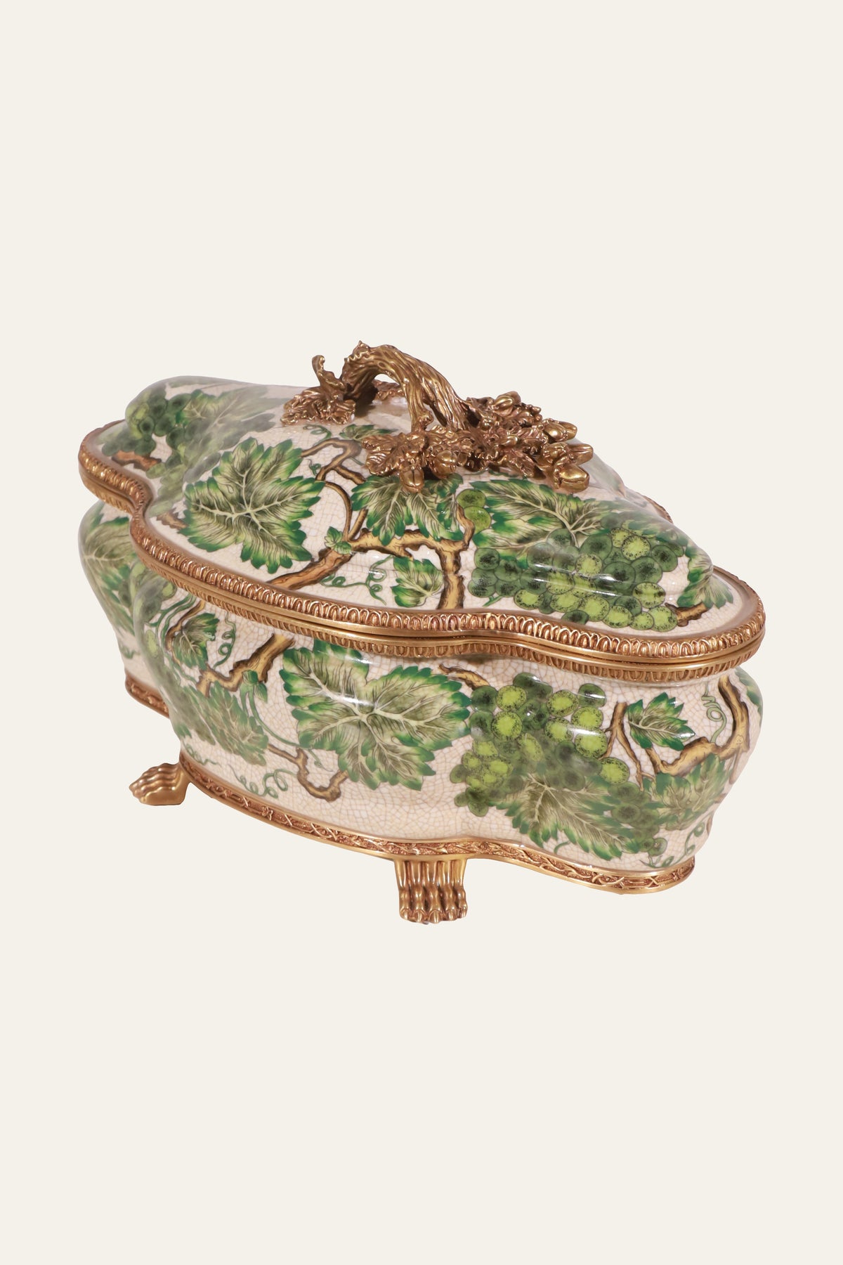 Handpainted Green Grapevine Storage Box with Sculpted Trim