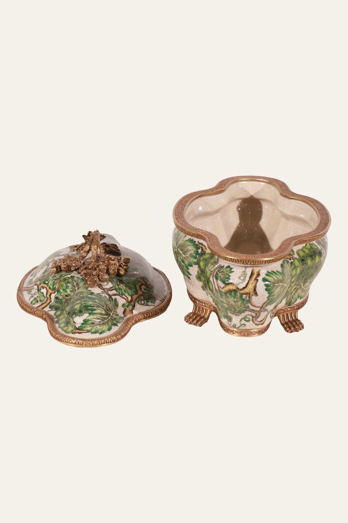 Handpainted Green Grapevine Storage Box with Sculpted Trim
