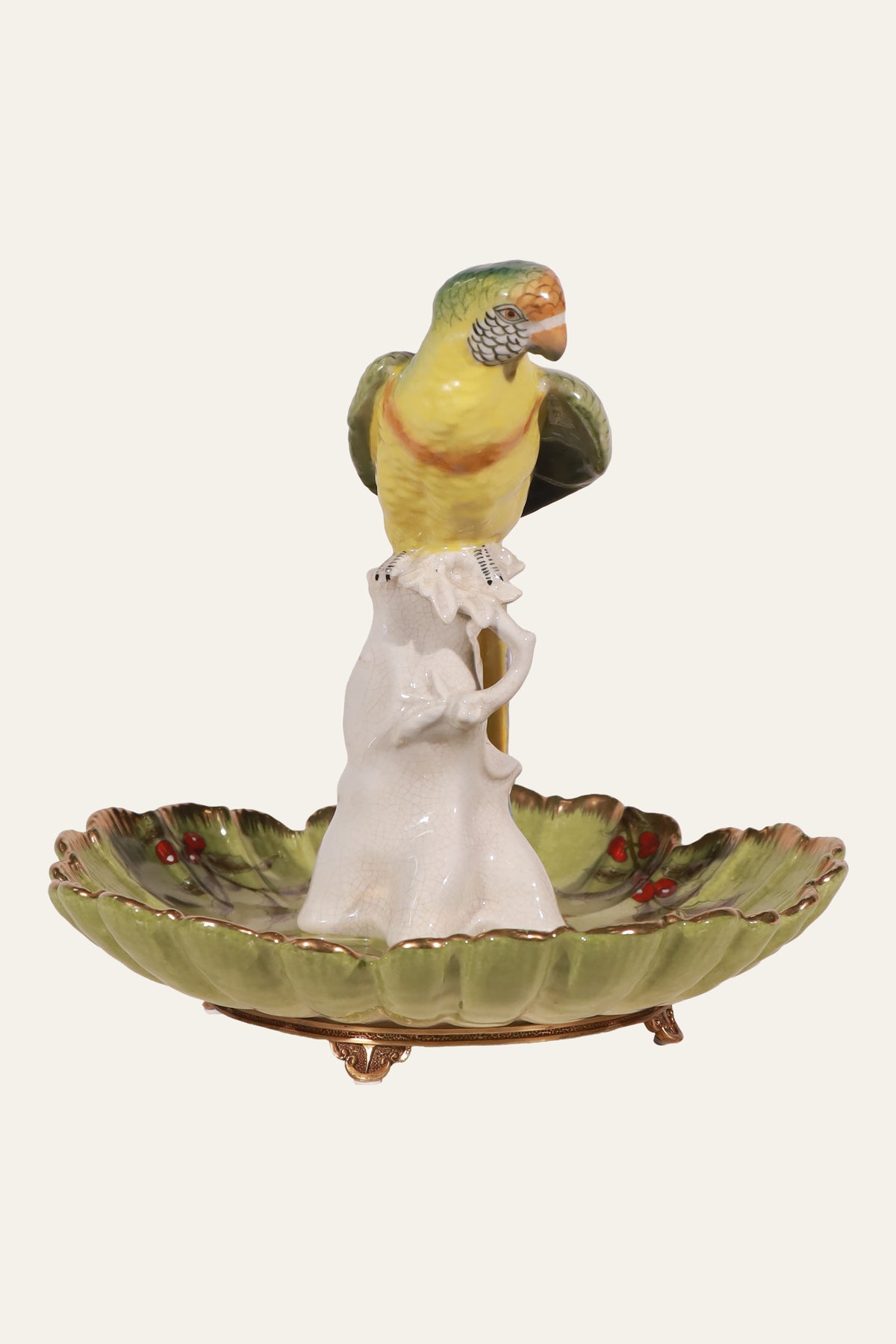 Porcelain Yellow Parrot on Tree Trunk Centerpiece Bowl for Coffee Tables