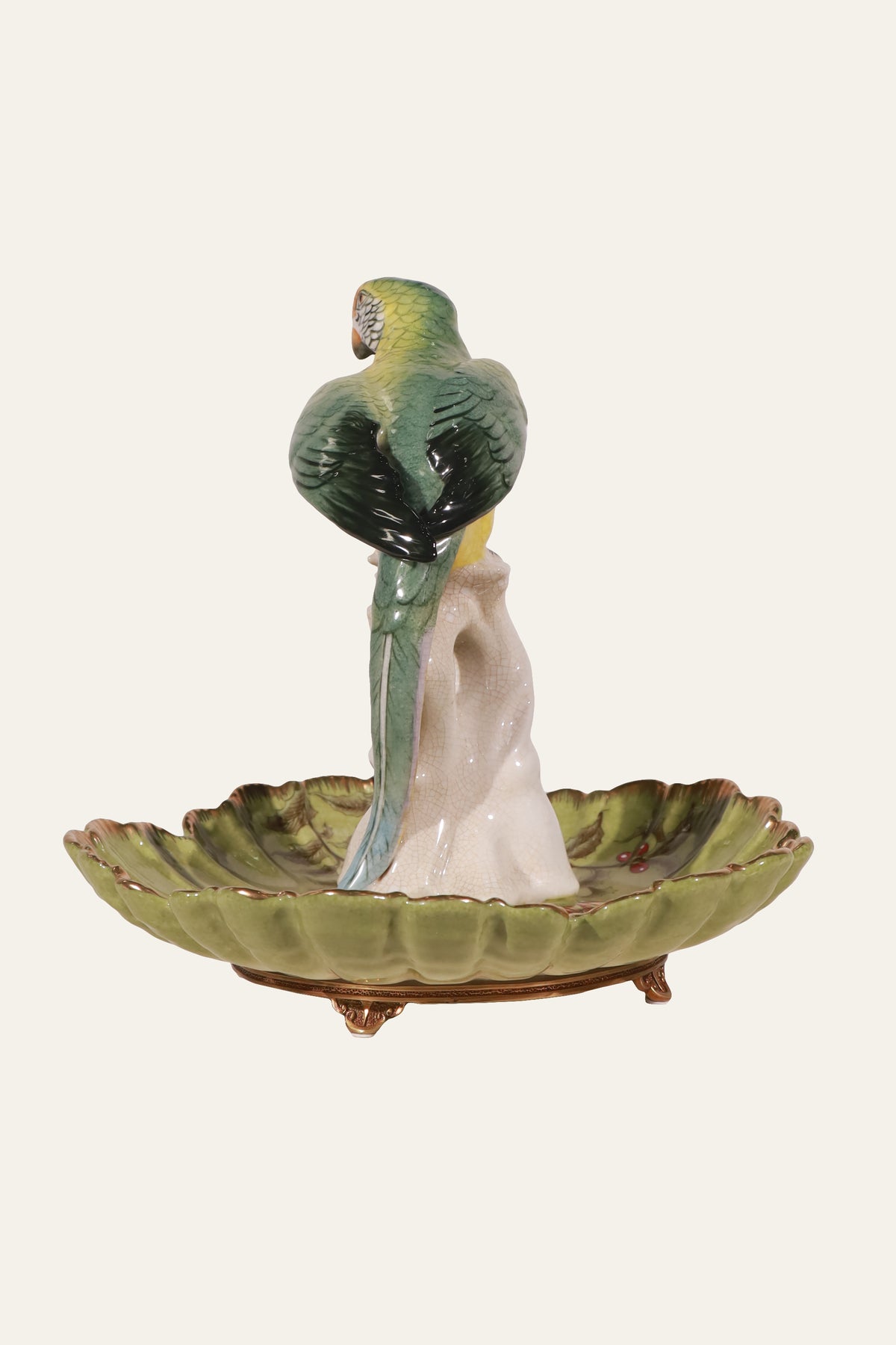 Porcelain Yellow Parrot on Tree Trunk Centerpiece Bowl for Coffee Tables