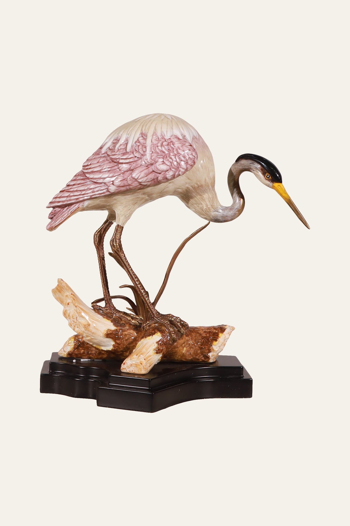 Standing Crane Sculpture on Black Base for Coastal Interiors