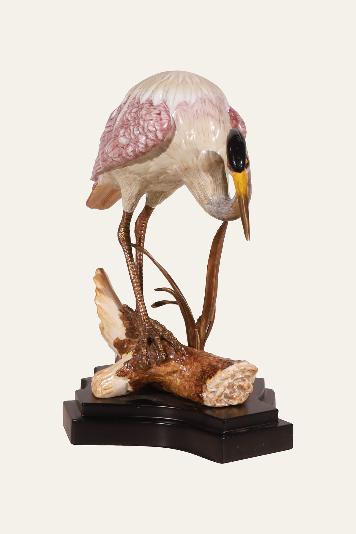 Standing Crane Sculpture on Black Base for Coastal Interiors