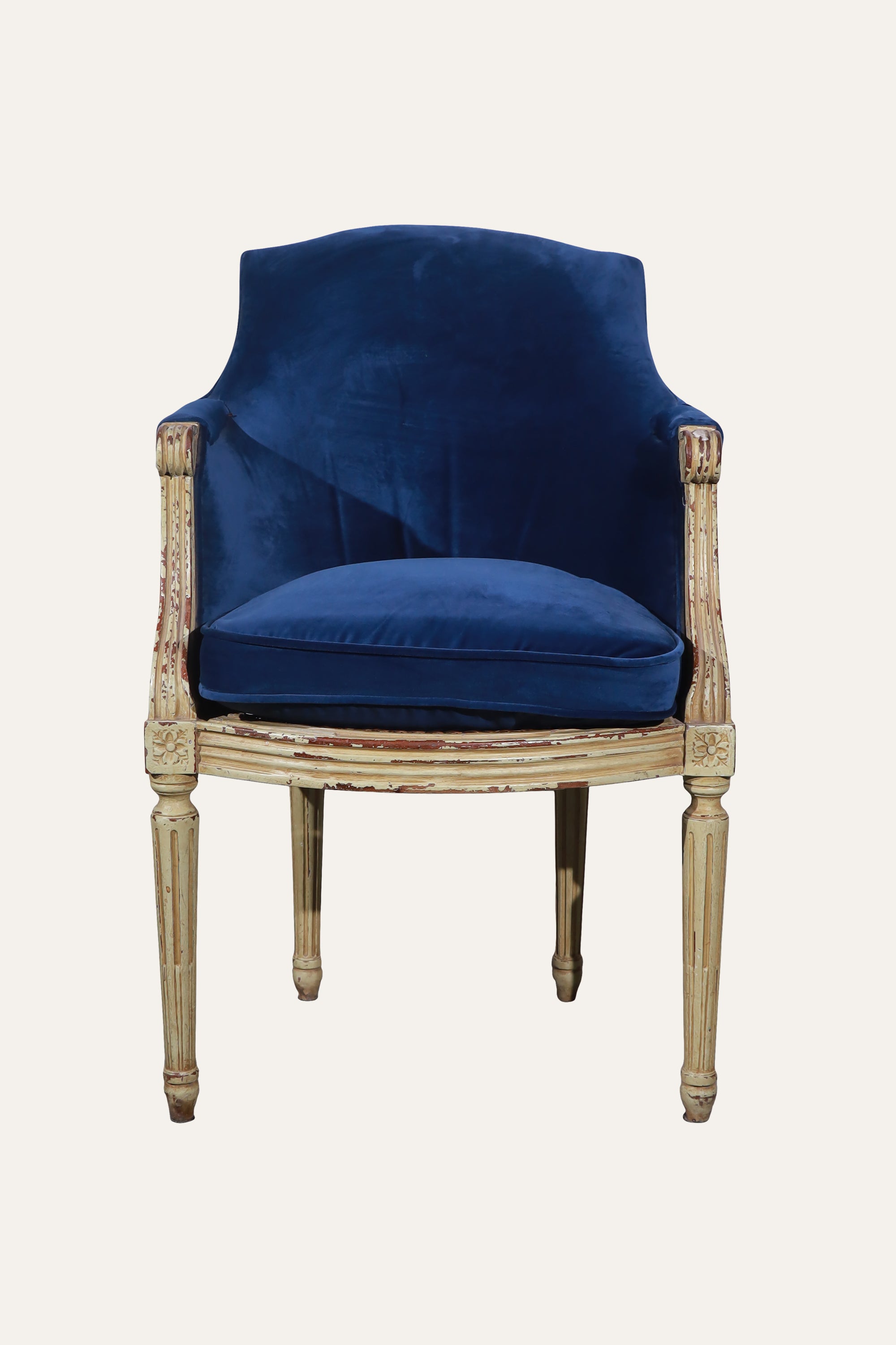 Royal Blue Velvet Armchair with Cane Backrest & Carved Wood Frame