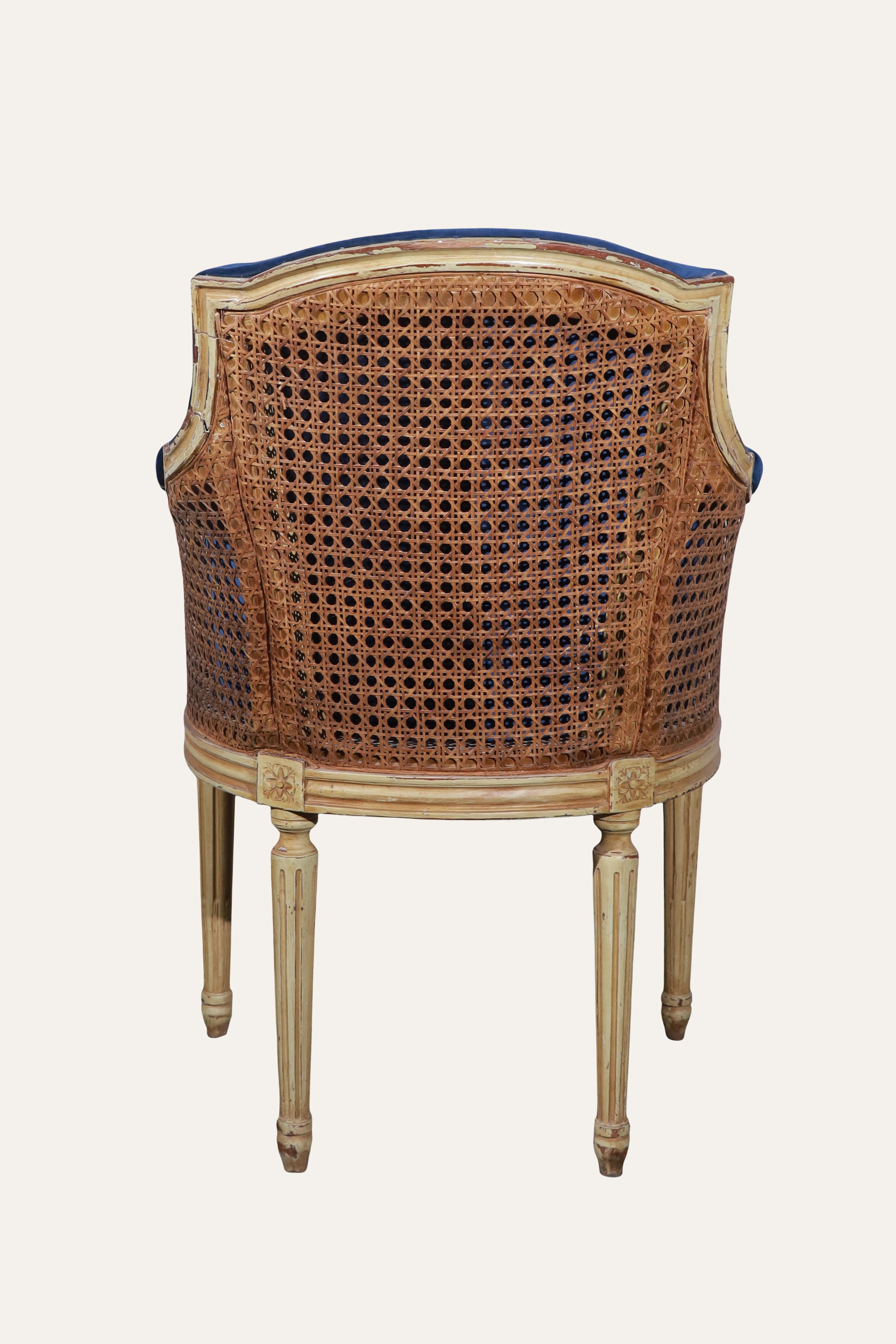 Royal Blue Velvet Armchair with Cane Backrest & Carved Wood Frame