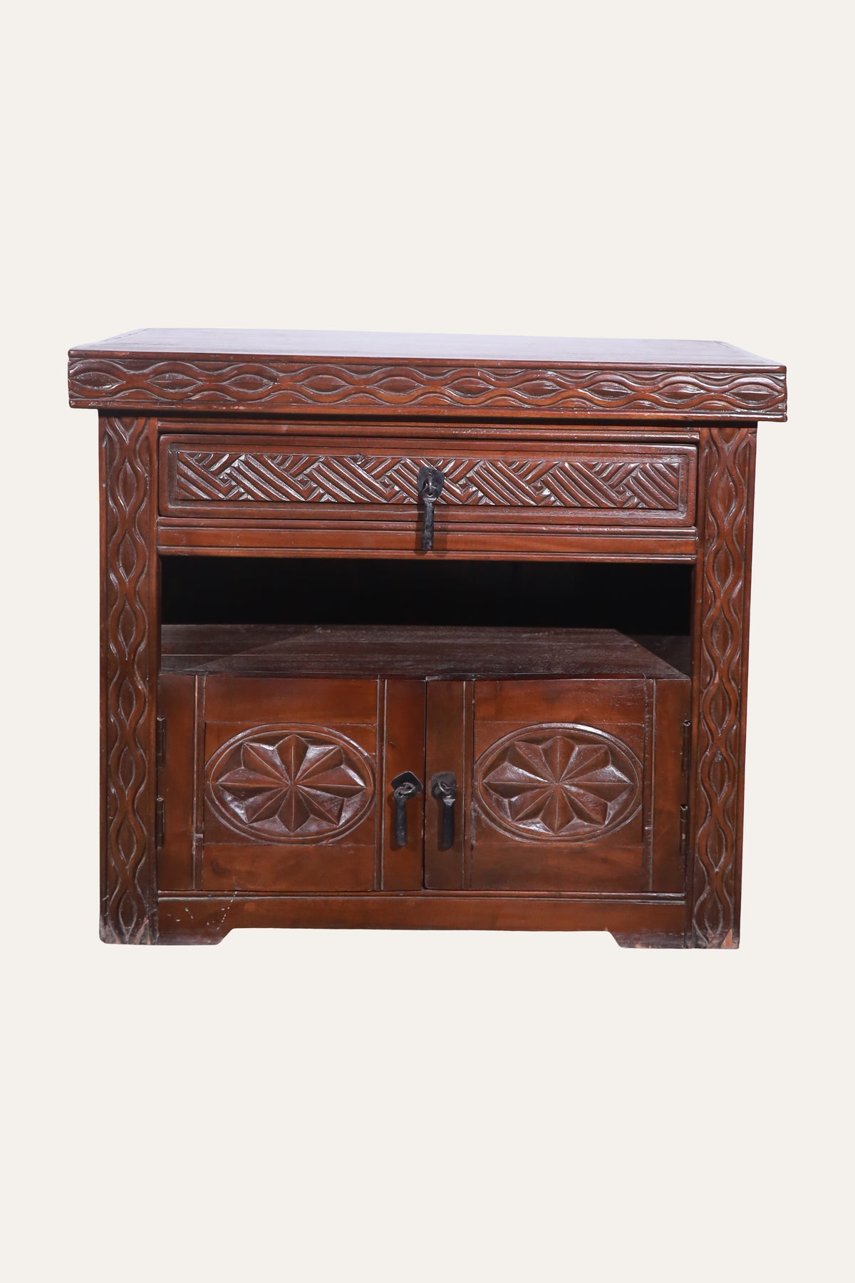 Hand-Carved Indian Traditional Style 1-Drawer Bedside Table with Cabinet Storage