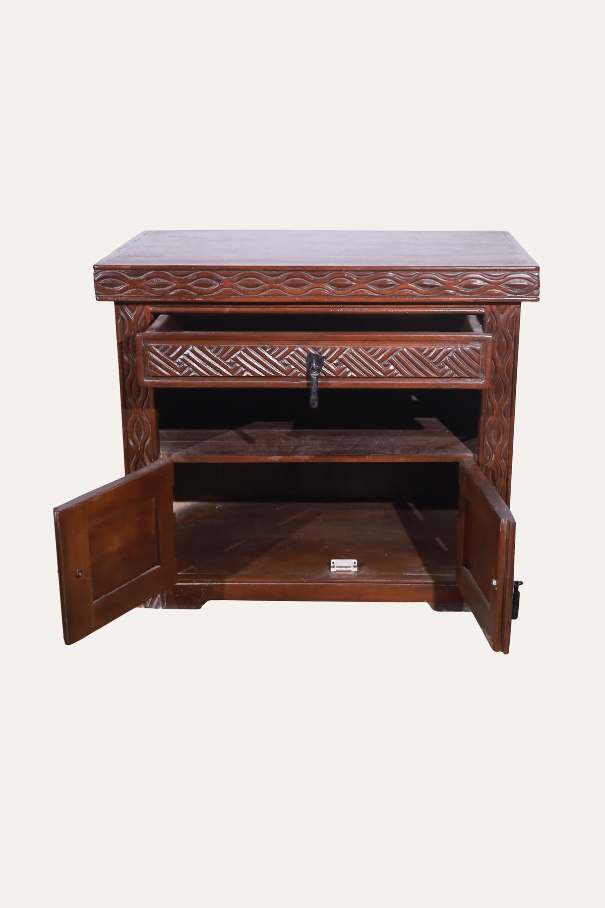 Hand-Carved Indian Traditional Style 1-Drawer Bedside Table with Cabinet Storage