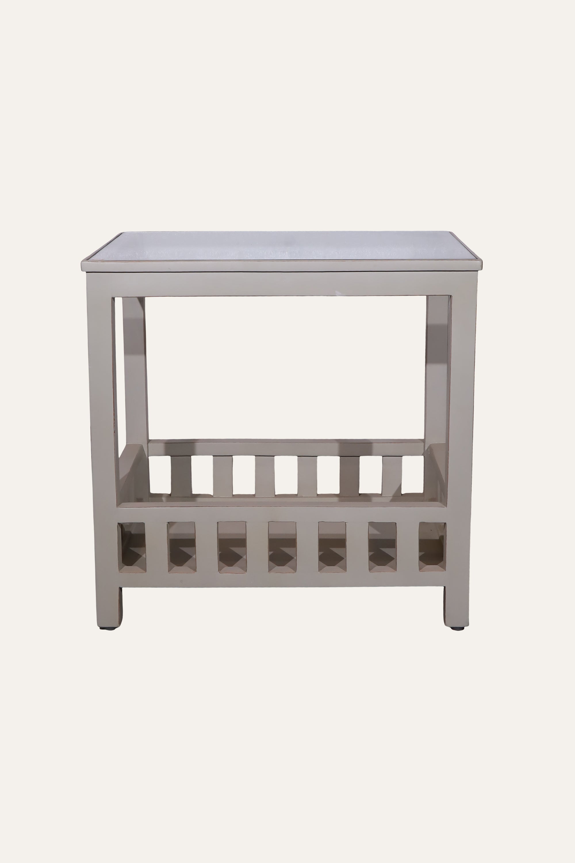Light Taupe Wooden Side Table with Glass Top & Slatted Lower Shelf