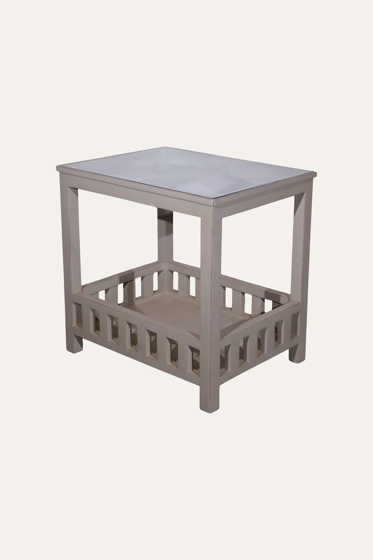 Light Taupe Wooden Side Table with Glass Top & Slatted Lower Shelf