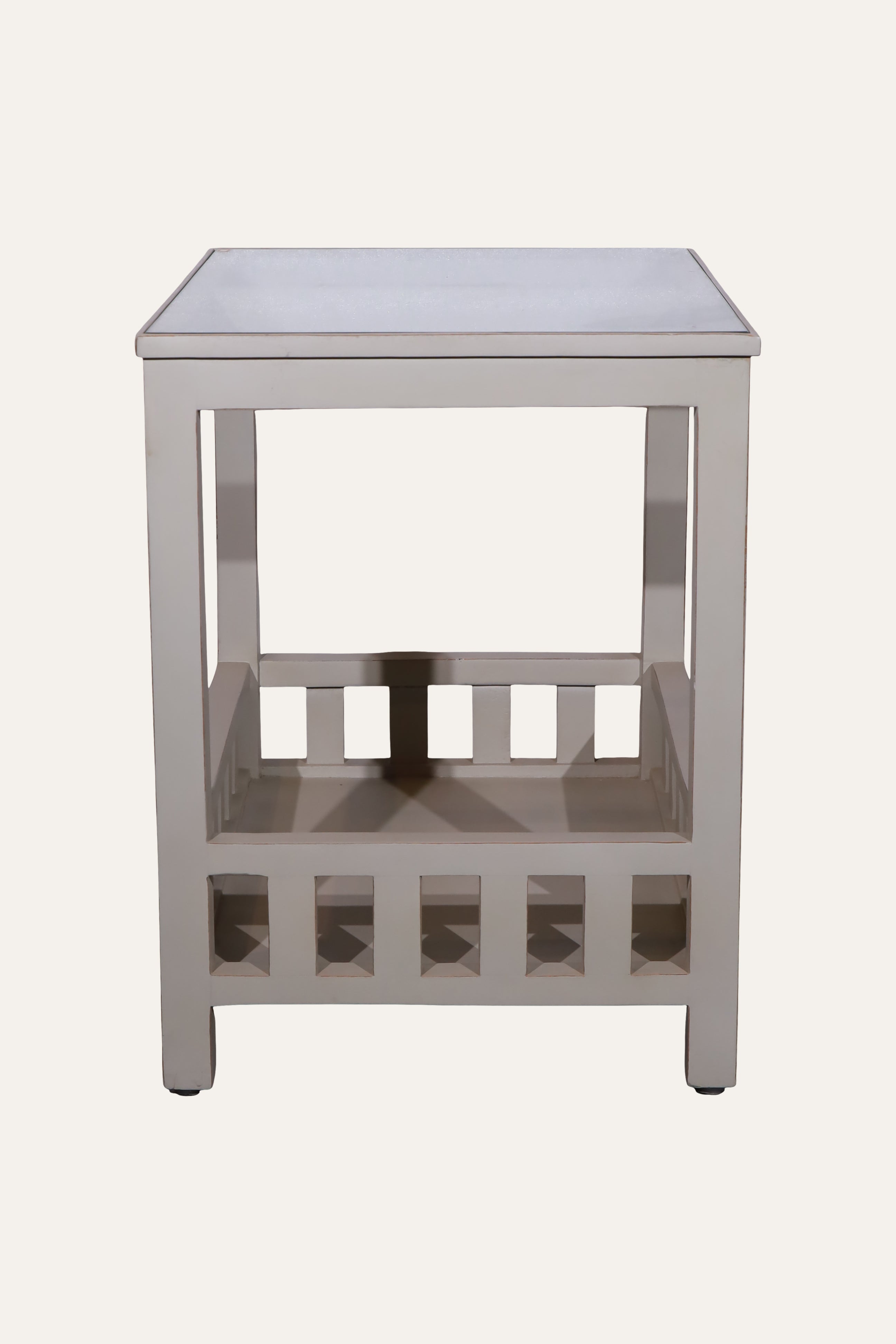 Light Taupe Wooden Side Table with Glass Top & Slatted Lower Shelf