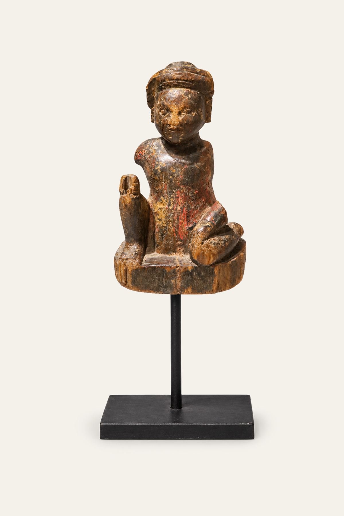 Carved Wooden Seated Folk Art Sculpture on Museum - Grade Metal Stand