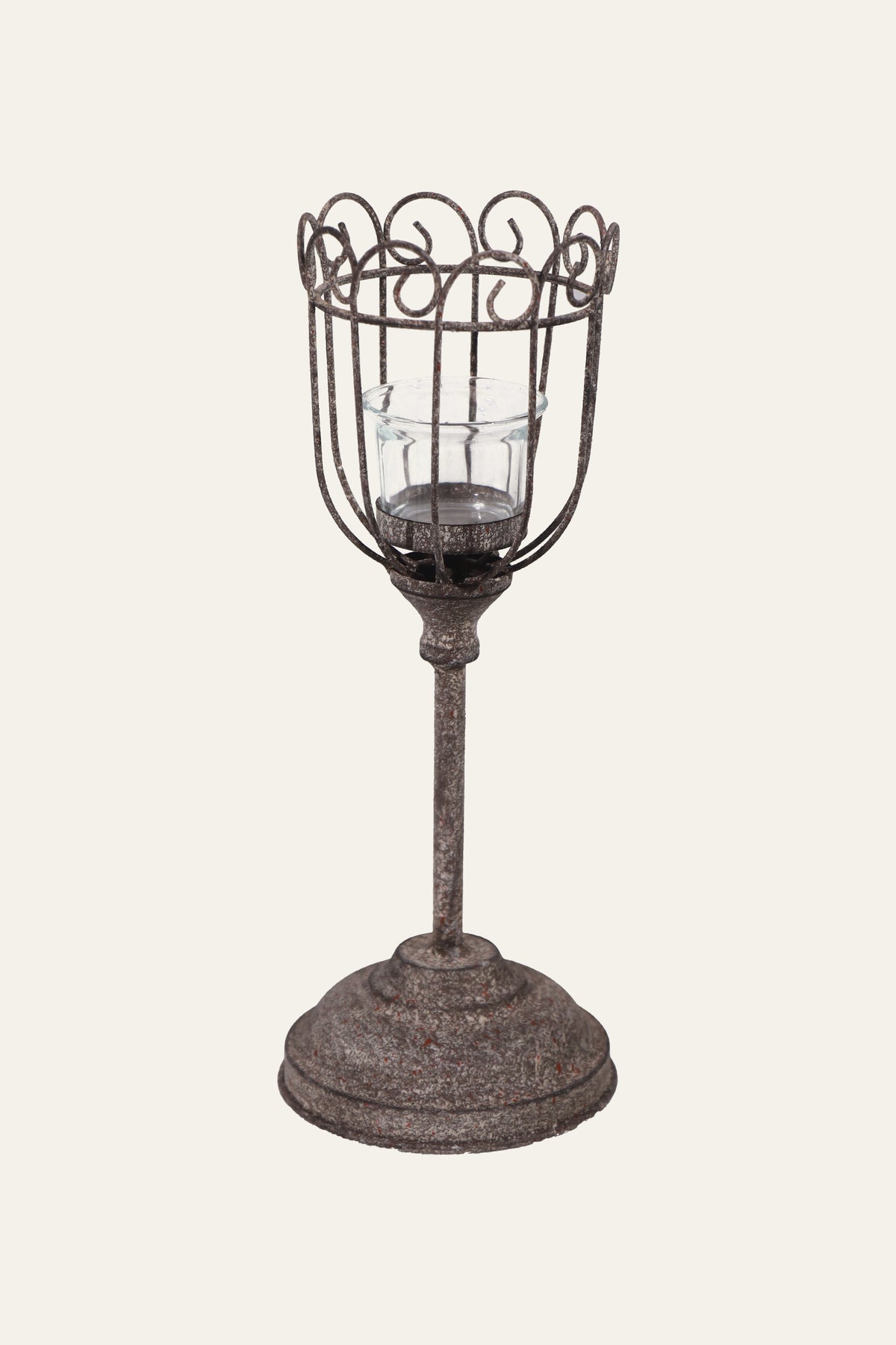 Compact Scroll Cage Pedestal Candle Holder with Glass Votive