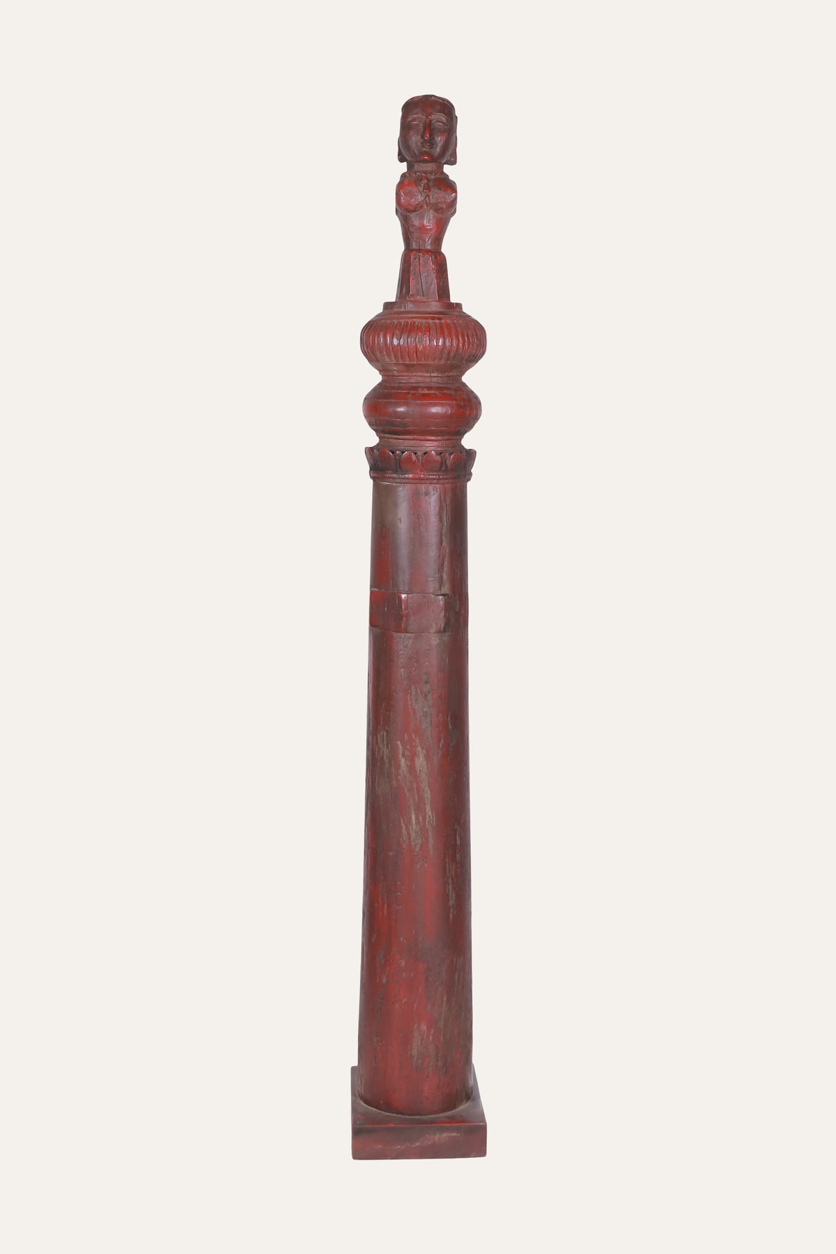 Terracotta-Red Wooden Female Figurine on Architectural Column