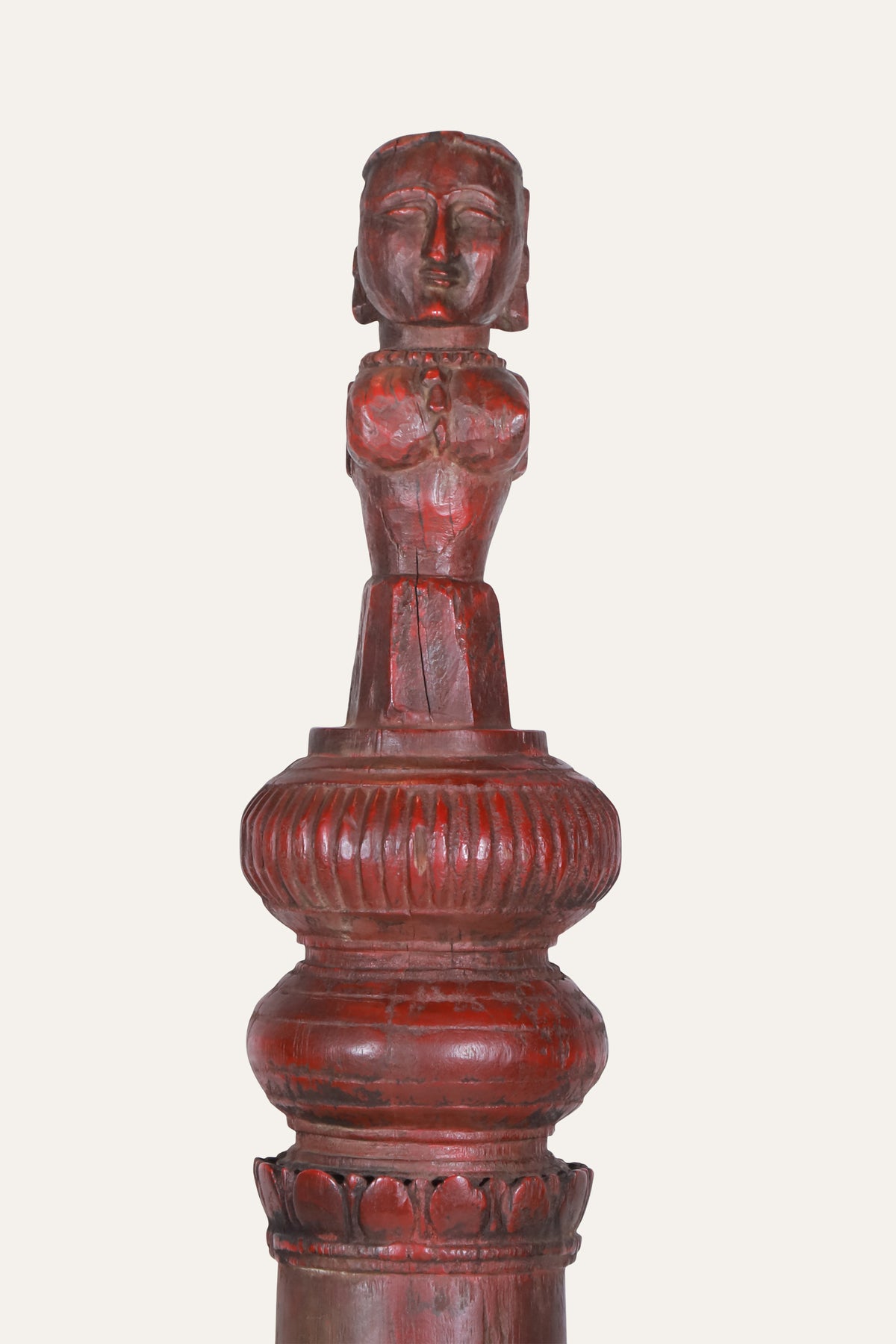 Terracotta-Red Wooden Female Figurine on Architectural Column