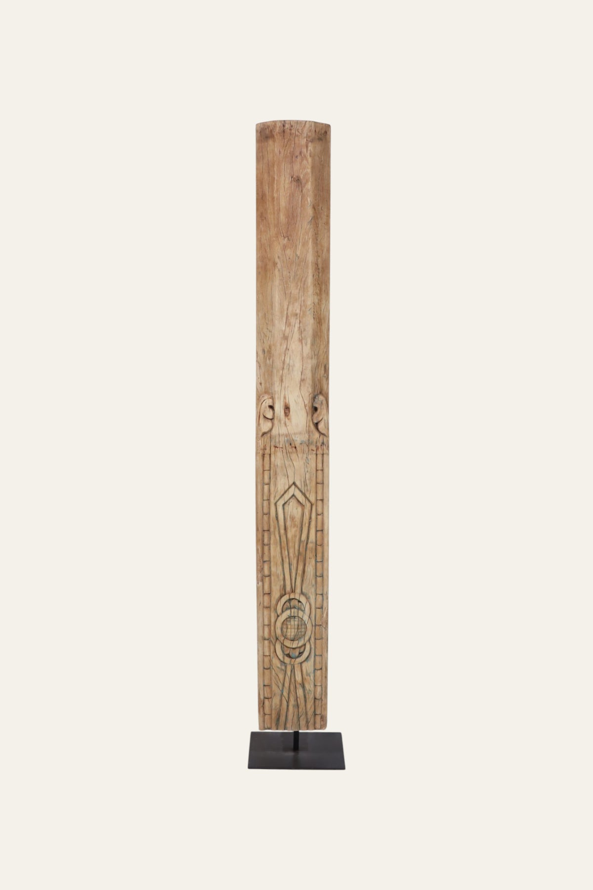 Hand-Carved Wood Pillar on Metal Stand