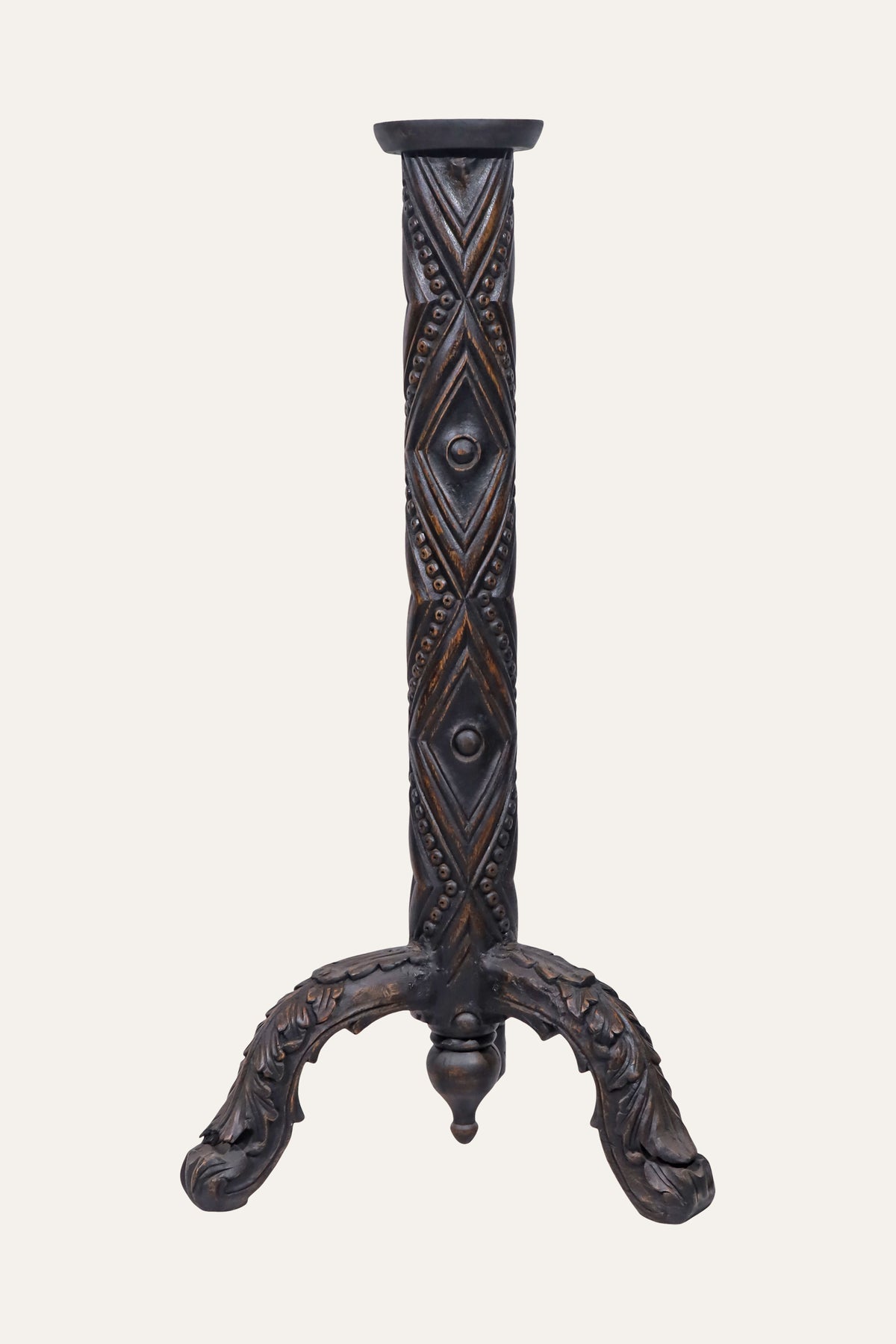 Carved Floor Candle Holder with Tripod Scroll Base