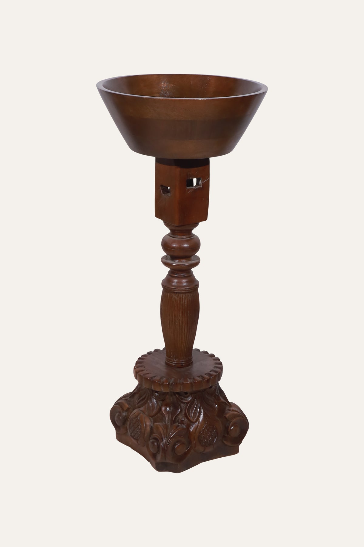 Vintage Carved Wooden Pedestal Bowl Stand with Ornate Base