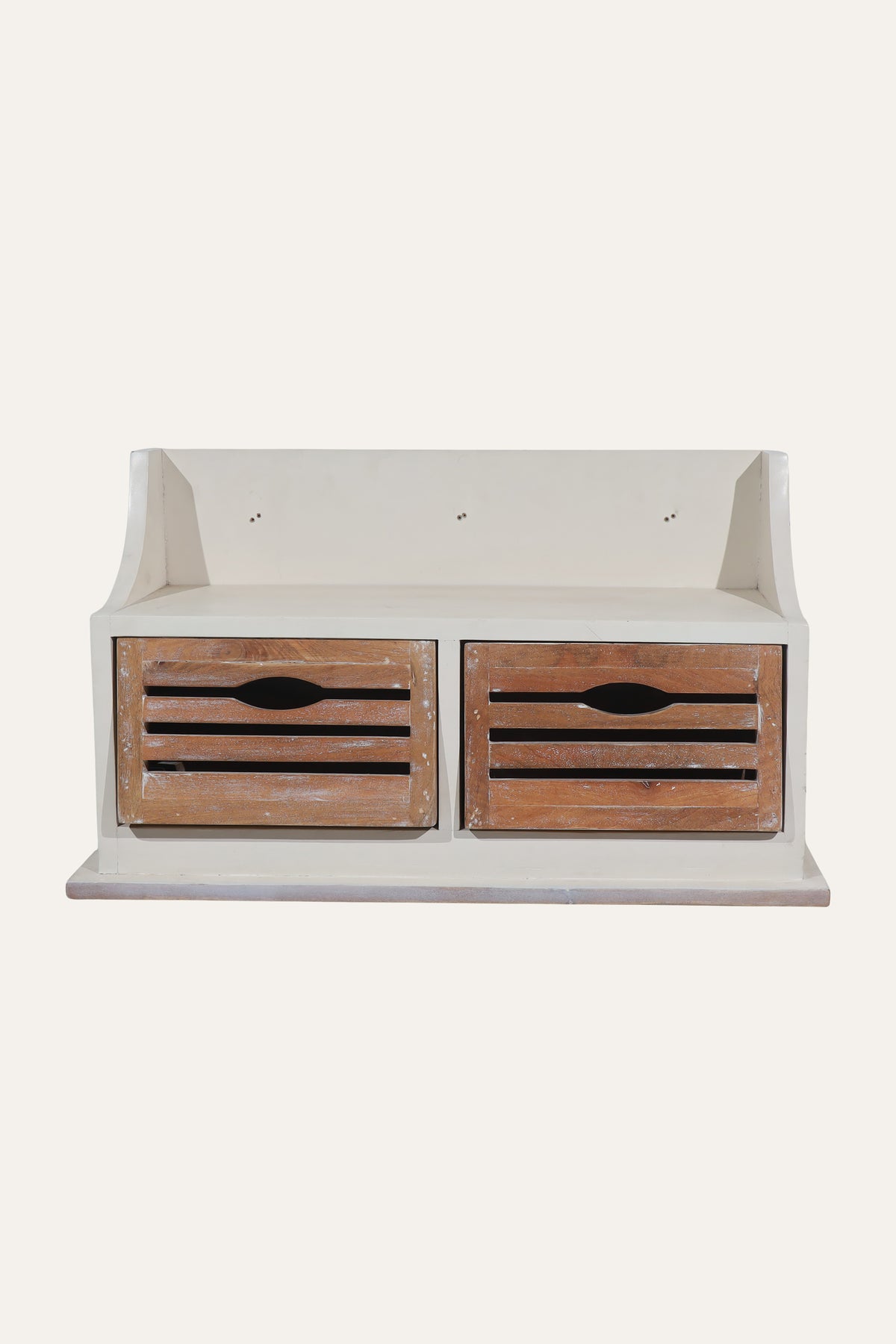 White Wall Shelf with Two Slatted Wood Drawers