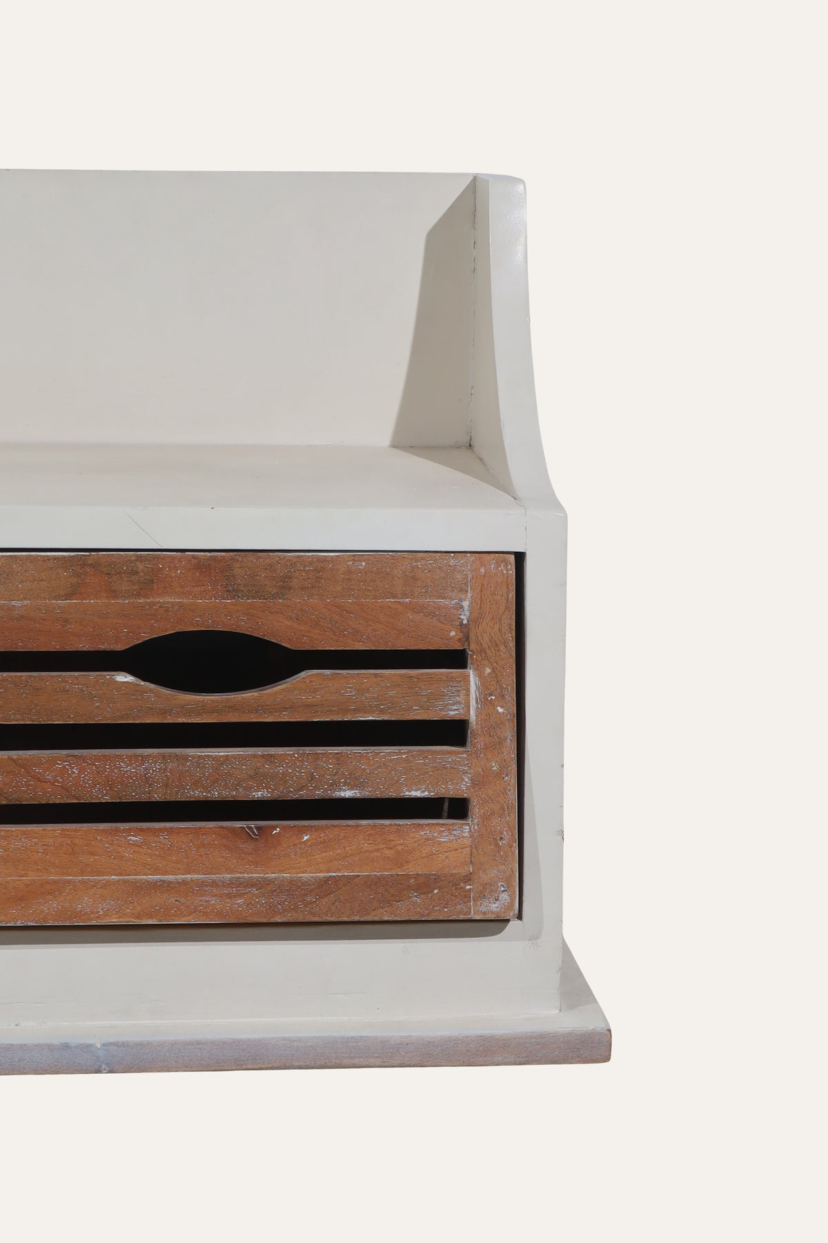 White Wall Shelf with Two Slatted Wood Drawers
