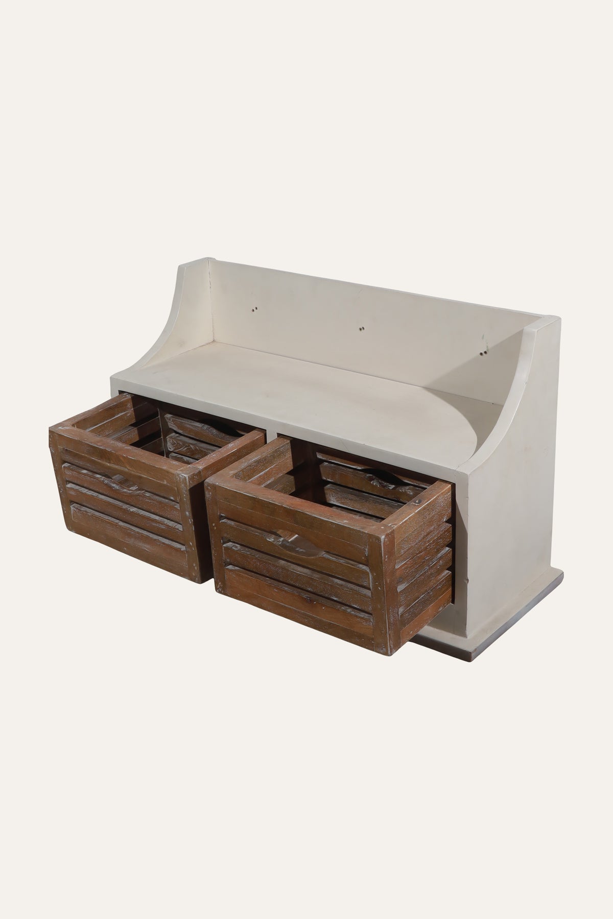 White Wall Shelf with Two Slatted Wood Drawers