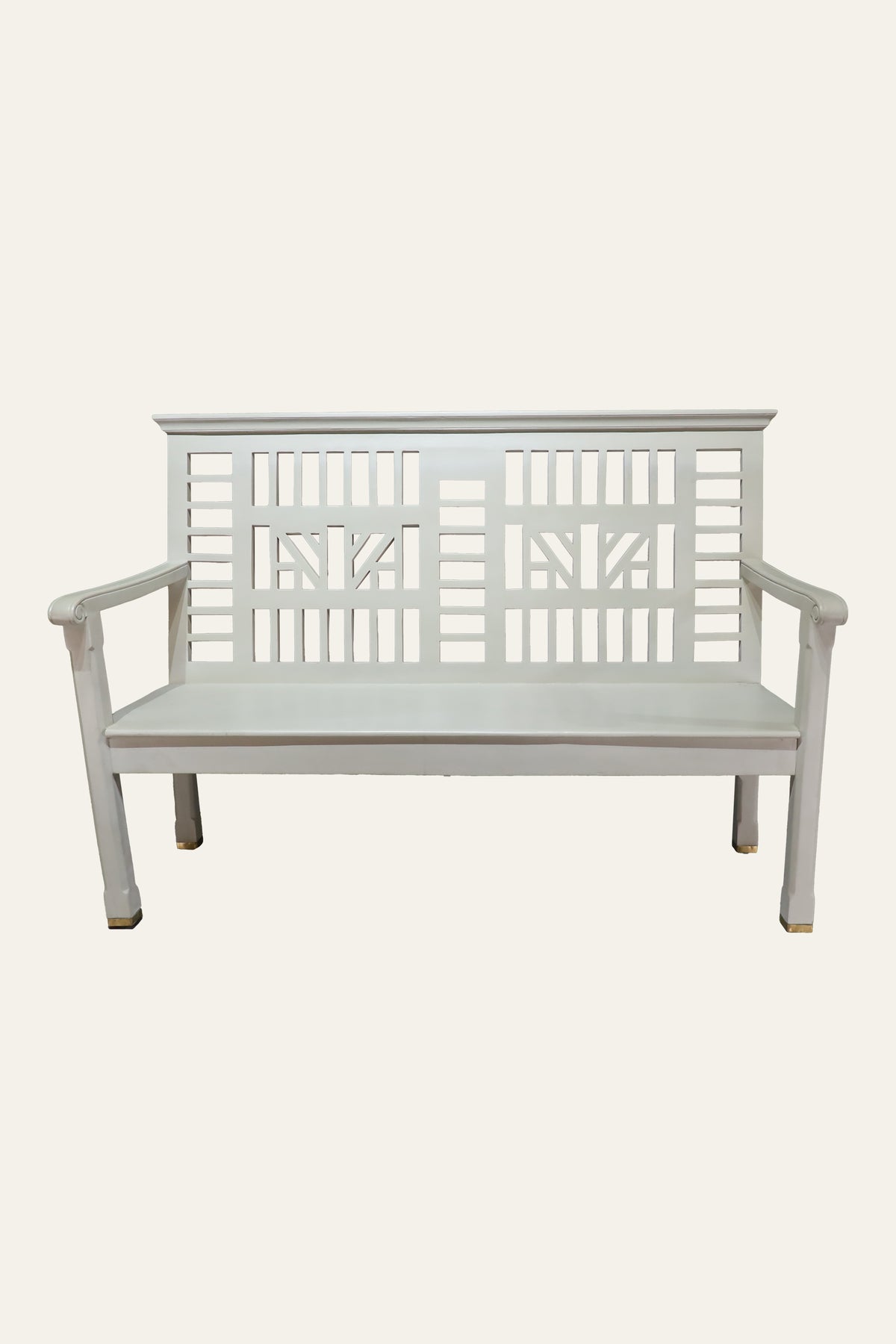 White Carved Wooden Slatted Back Bench