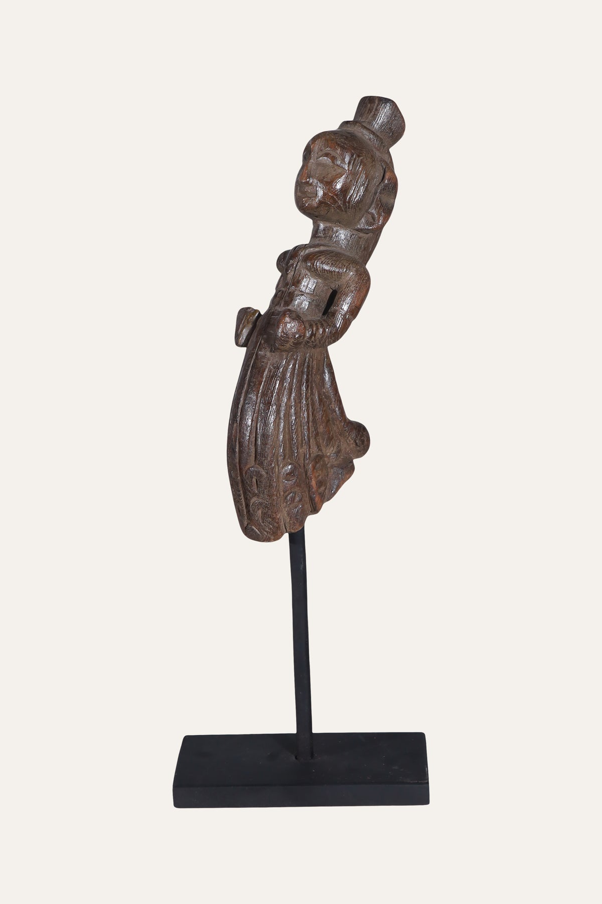 Carved Wooden Indian Folk Doll Figure on Black Stand