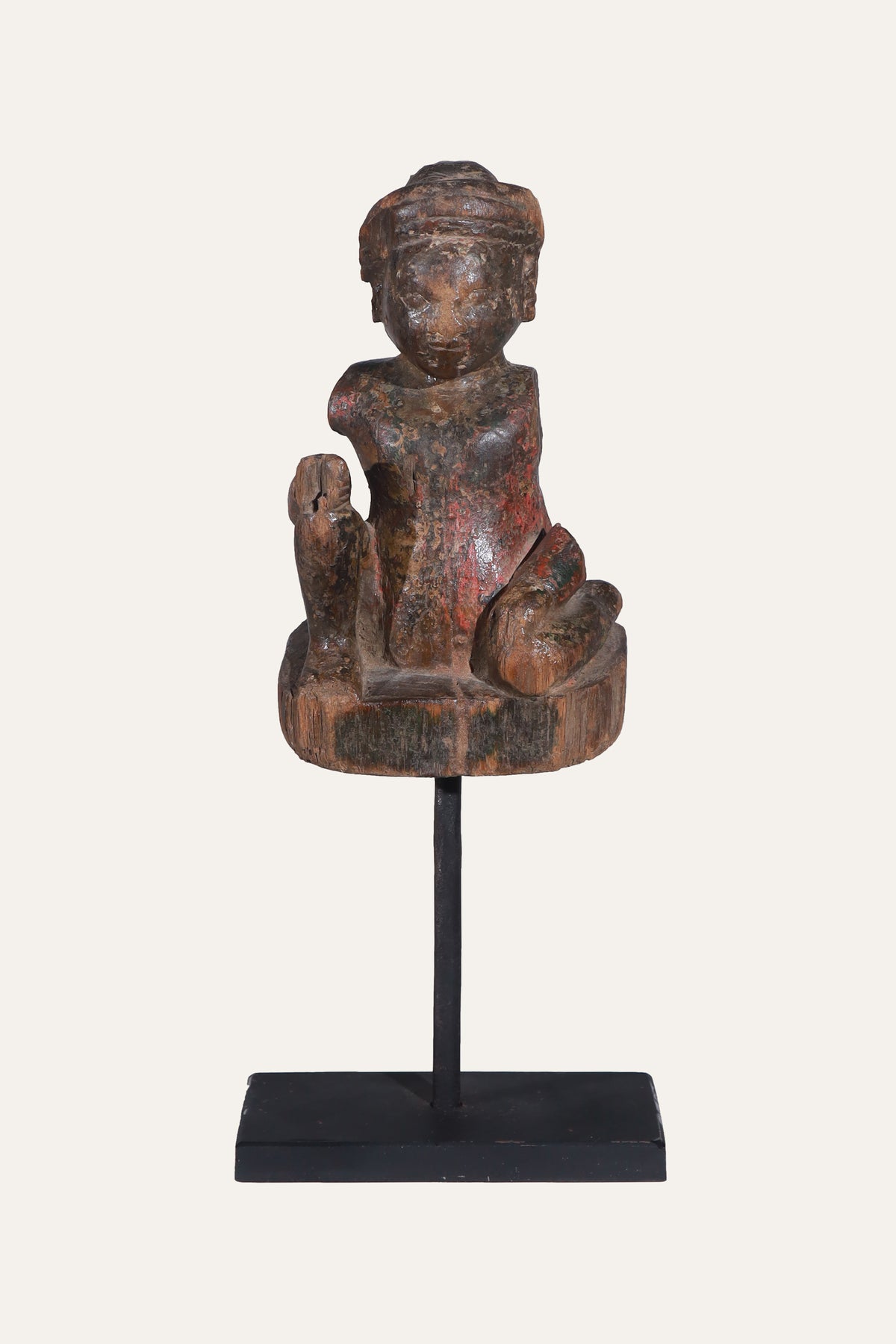 Antique Seated Carved Wooden Folk Figurine on Black Display Stand