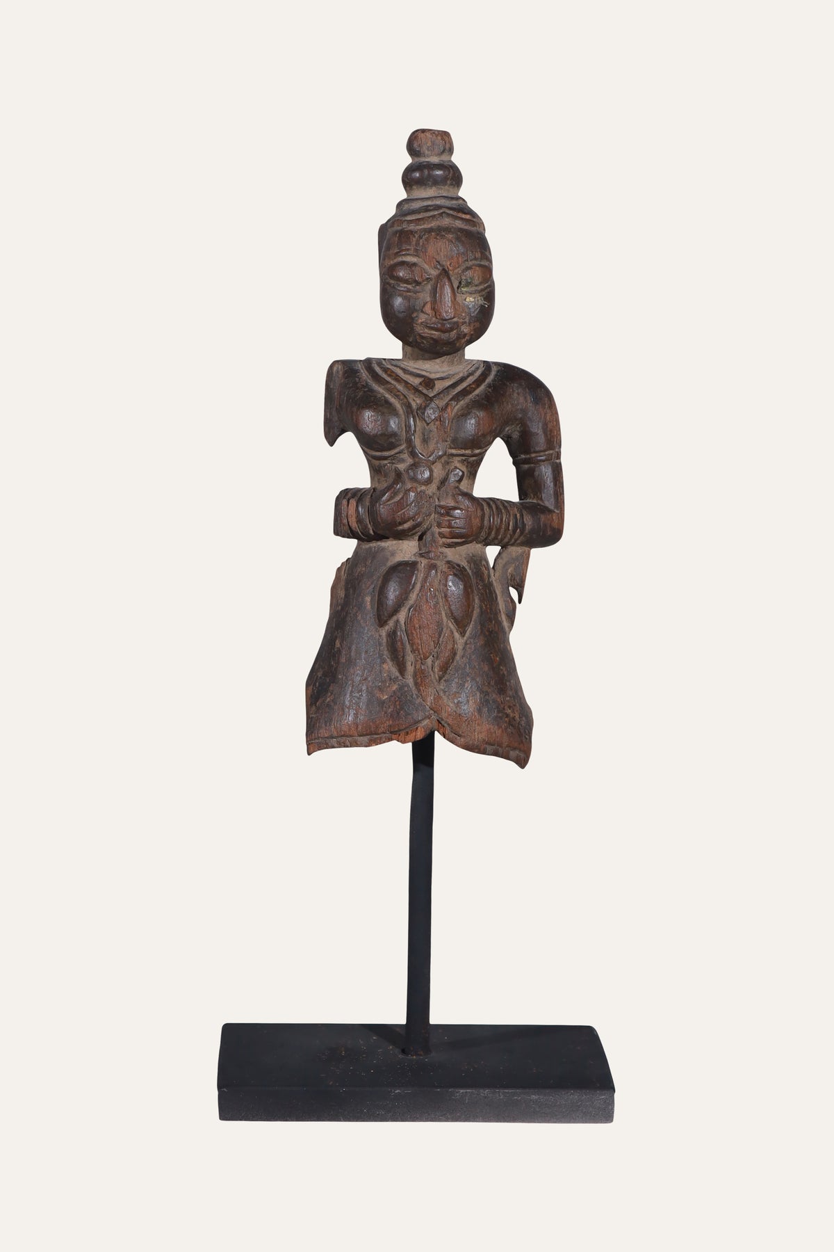 Carved Indian Female Folk Figurine on Black Display Stand