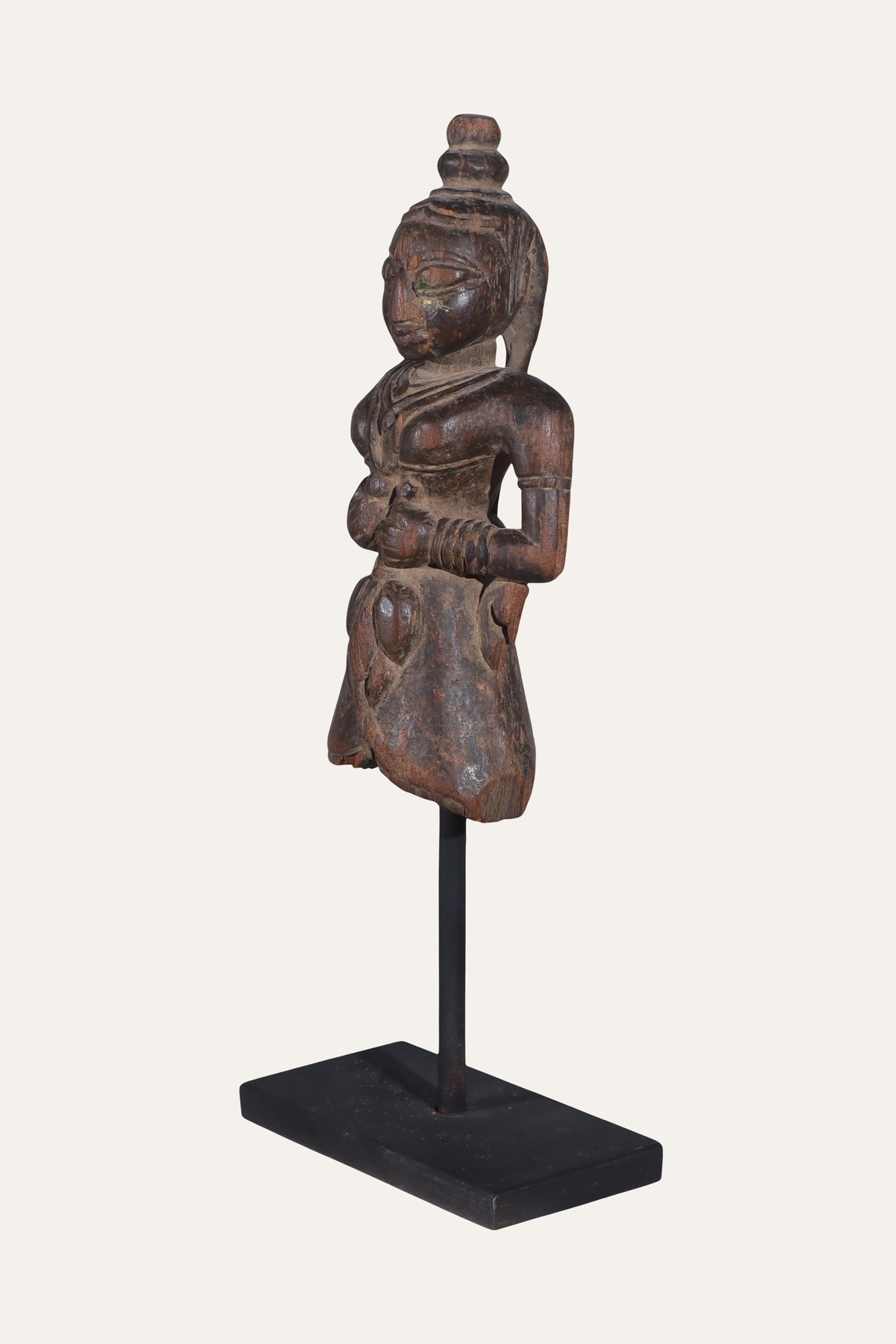 Carved Indian Female Folk Figurine on Black Display Stand
