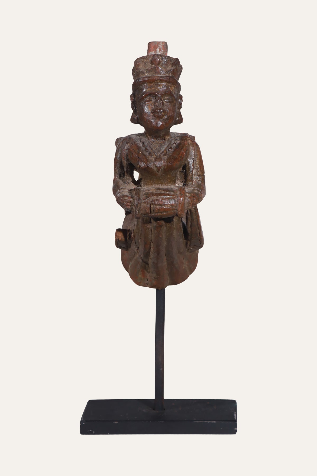 Carved Wooden Celestial Musician Figurine on Black Stand