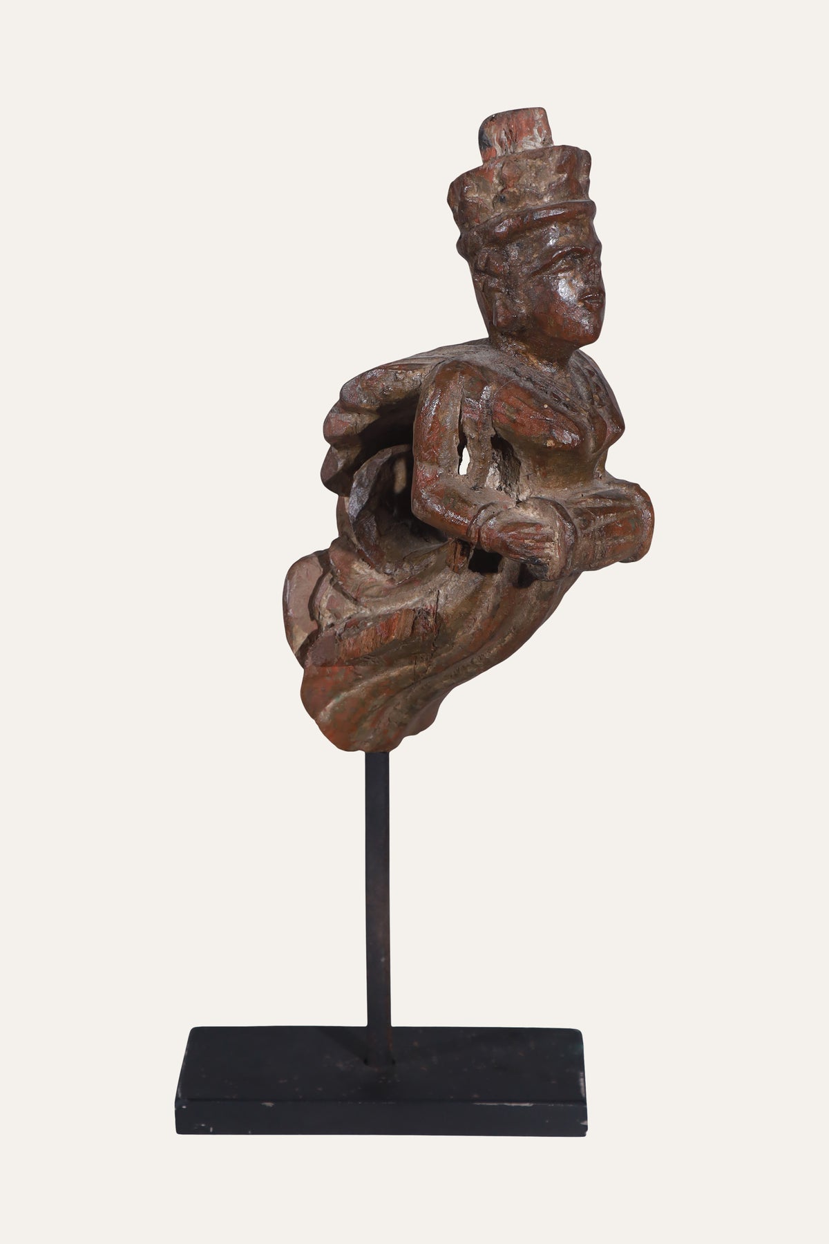 Carved Wooden Celestial Musician Figurine on Black Stand