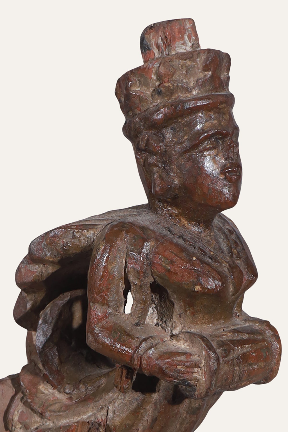 Carved Wooden Celestial Musician Figurine on Black Stand