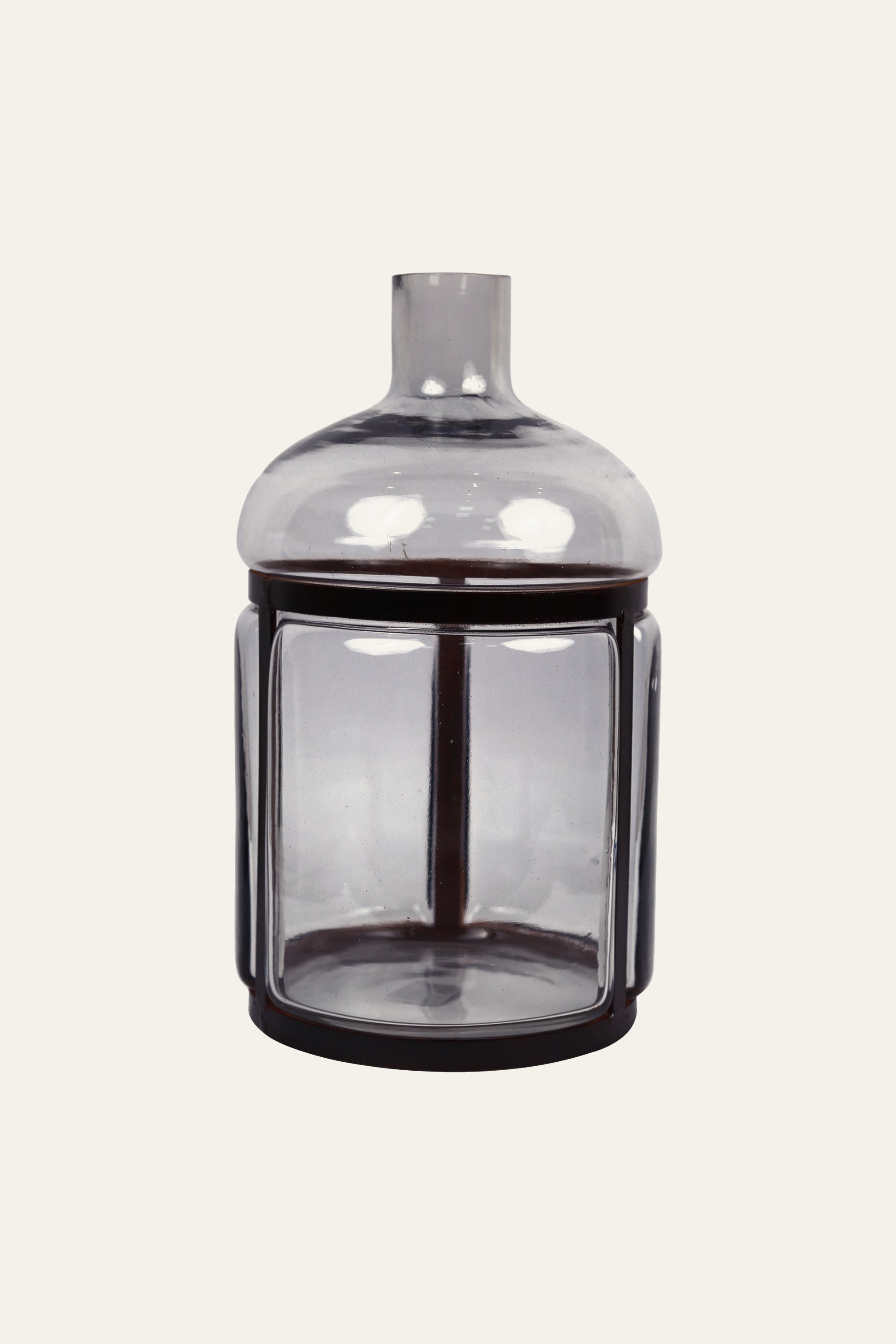 Smoked Glass Bottle Vase in Metal Cage - Wide