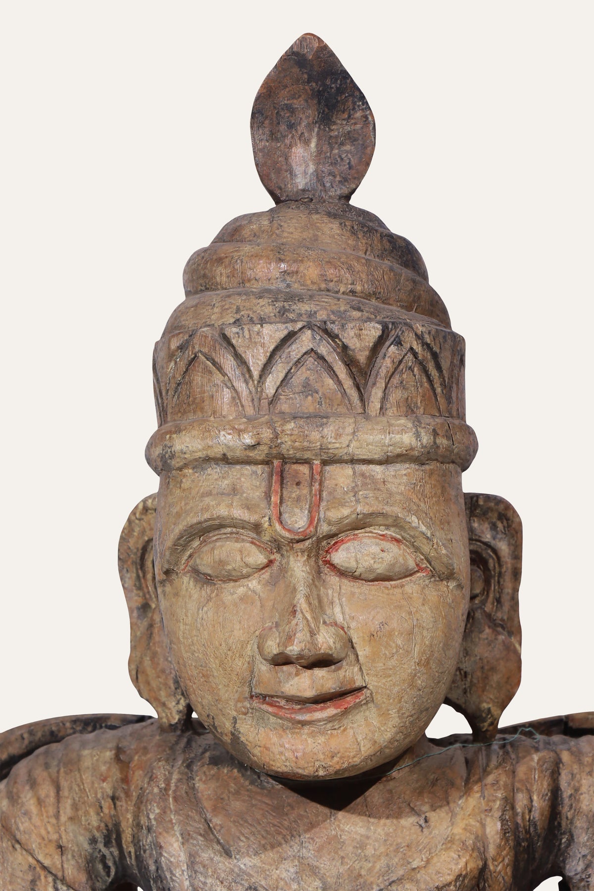 Seated Temple Guardian Wooden Figurine in Patina Finish