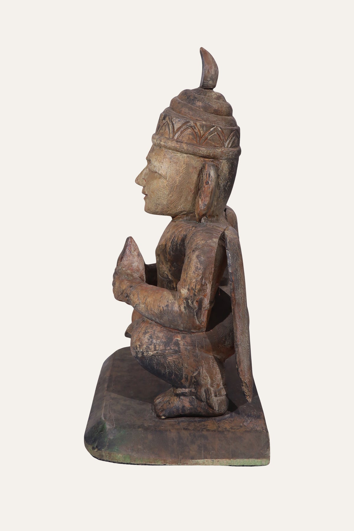Seated Temple Guardian Wooden Figurine in Patina Finish