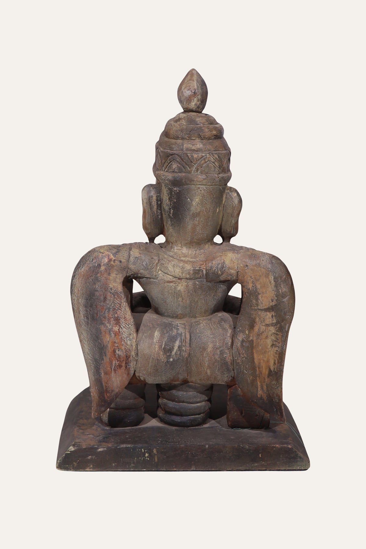 Seated Temple Guardian Wooden Figurine in Patina Finish