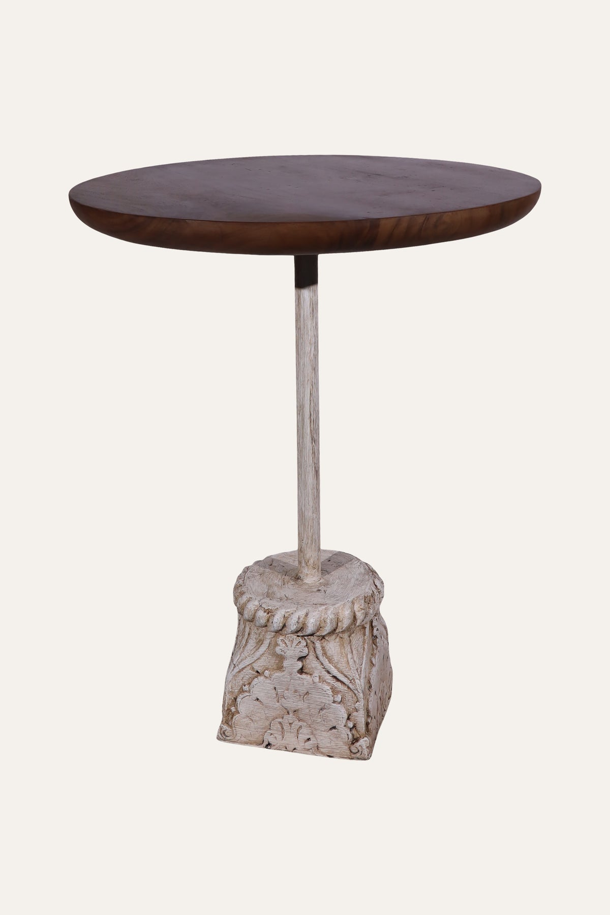 Round Pedestal Cocktail Table with Wooden Top & Carved Base