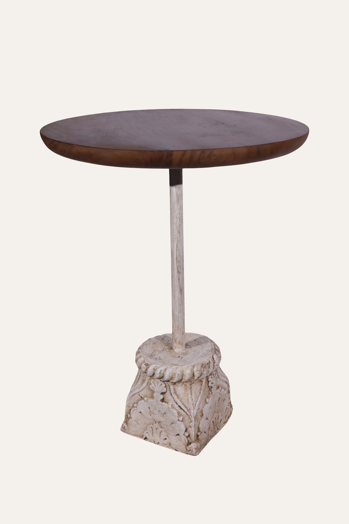 Round Pedestal Cocktail Table with Wooden Top & Carved Base