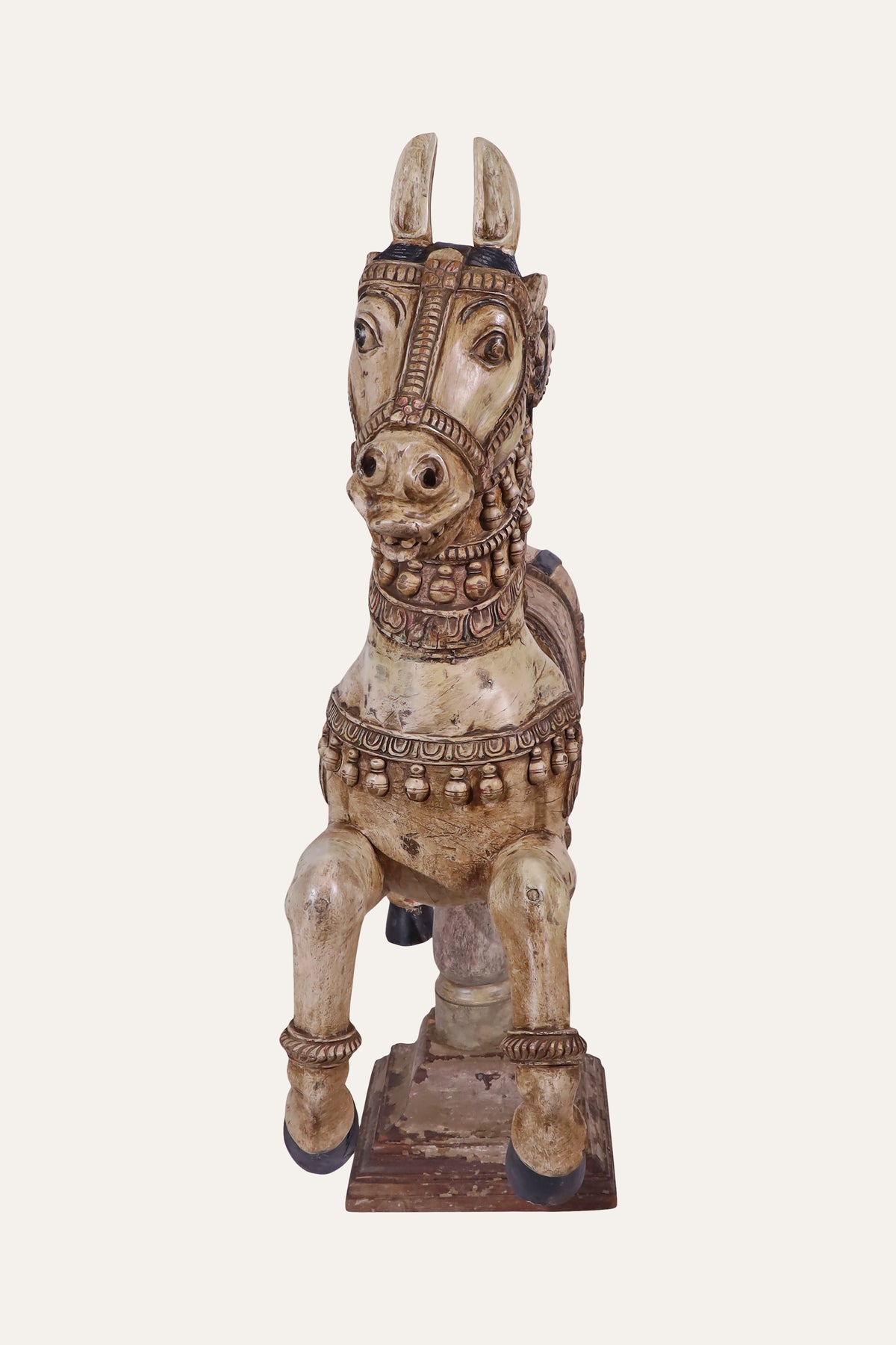 Distressed Cream Ceremonial Temple Horse Sculpture on Square Base
