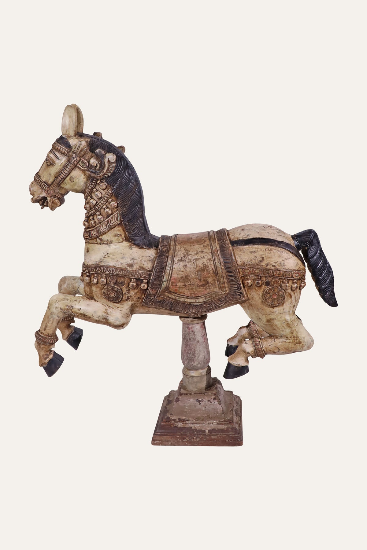 Distressed Cream Ceremonial Temple Horse Sculpture on Square Base