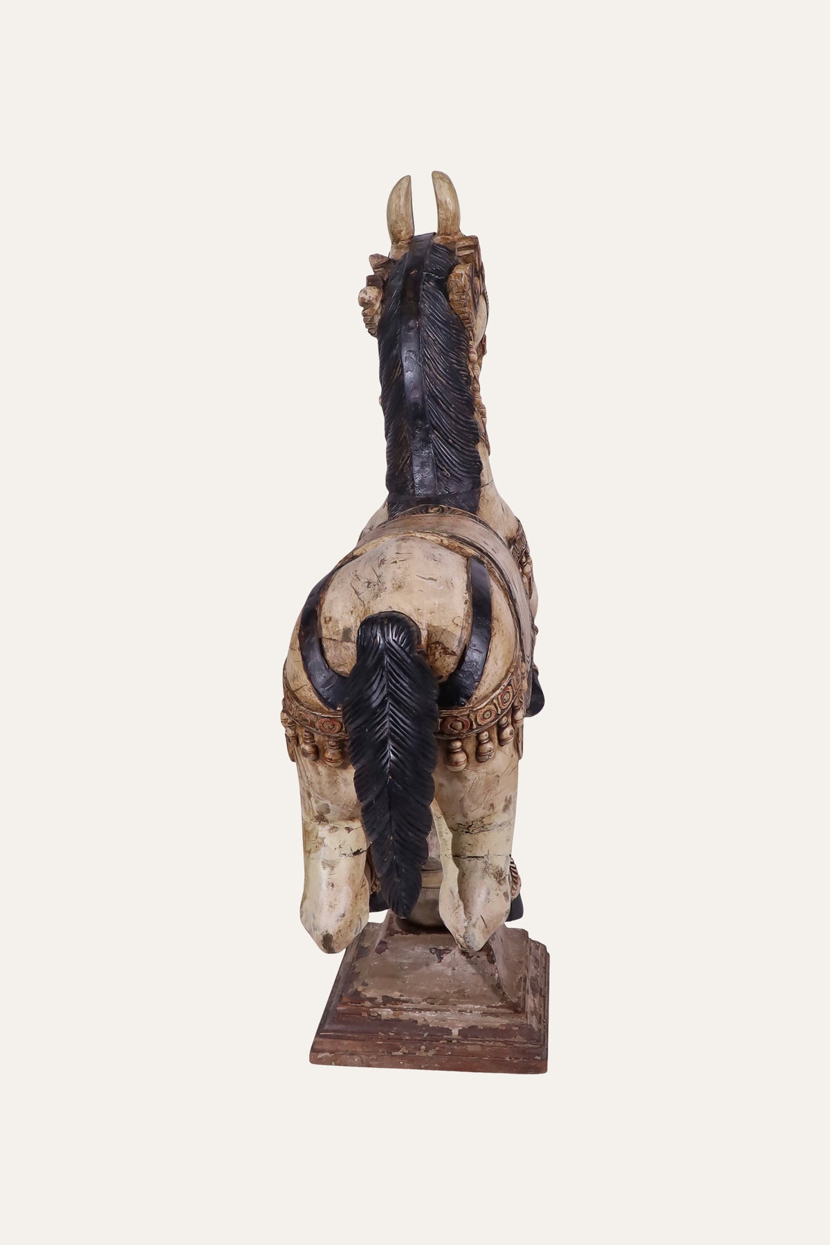 Distressed Cream Ceremonial Temple Horse Sculpture on Square Base