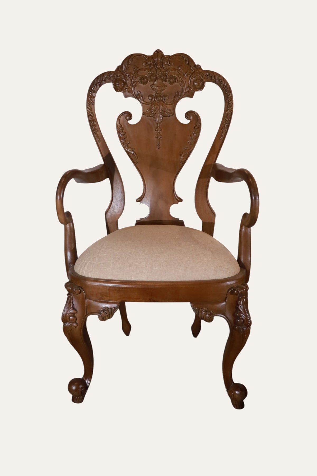 Victorian-Style Carved Wooden Dining Chair with Upholstered Seat