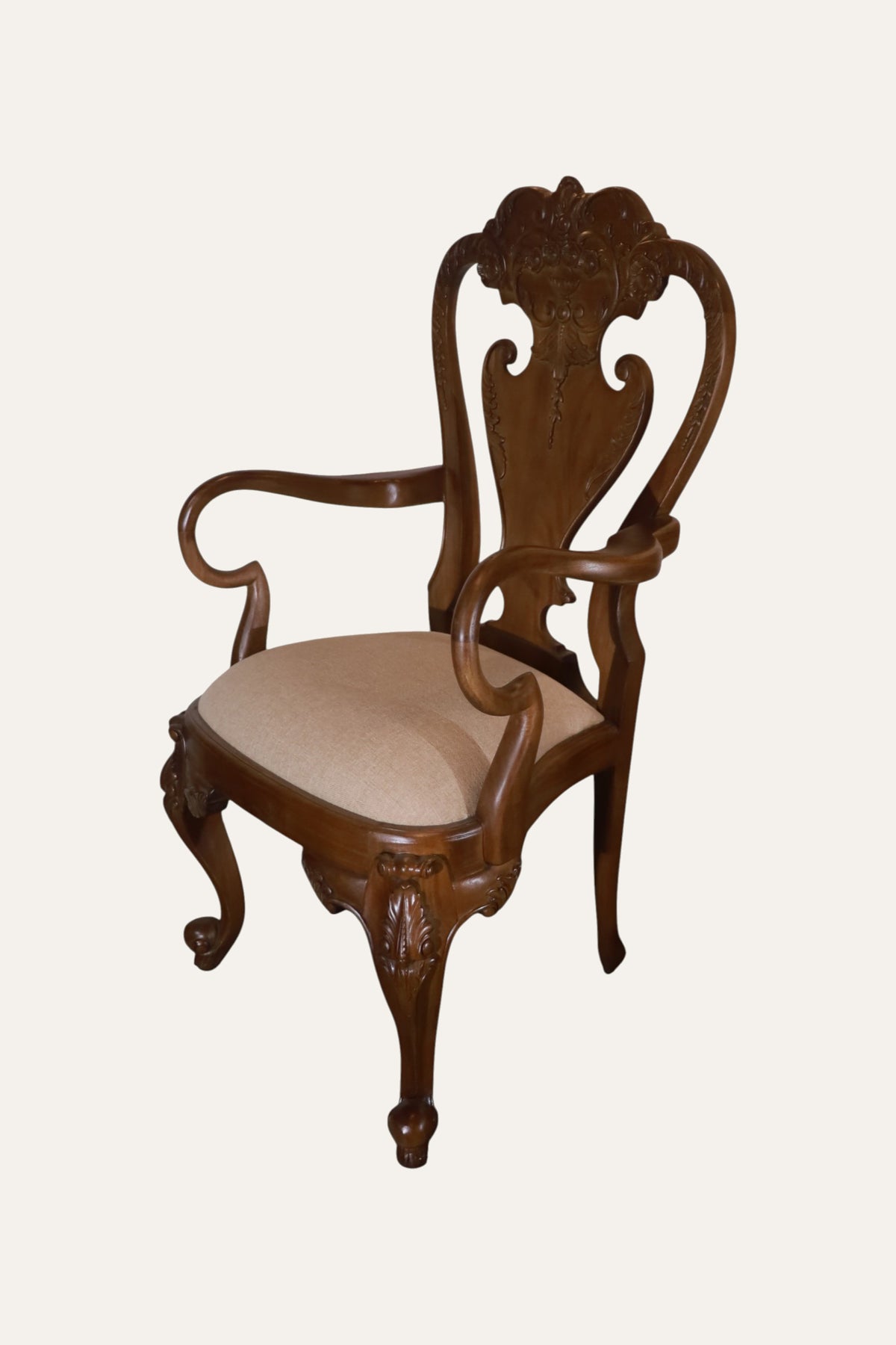 Victorian-Style Carved Wooden Dining Chair with Upholstered Seat