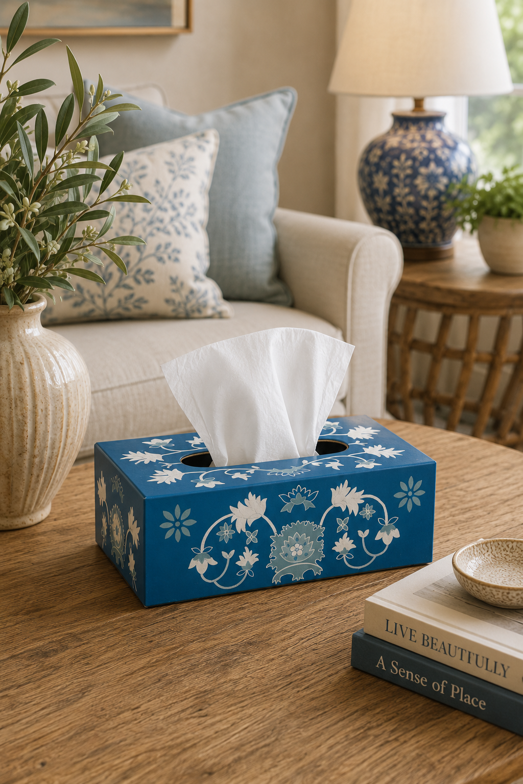 Blue Hand-Painted Metal Tissue Box with Floral Motifs