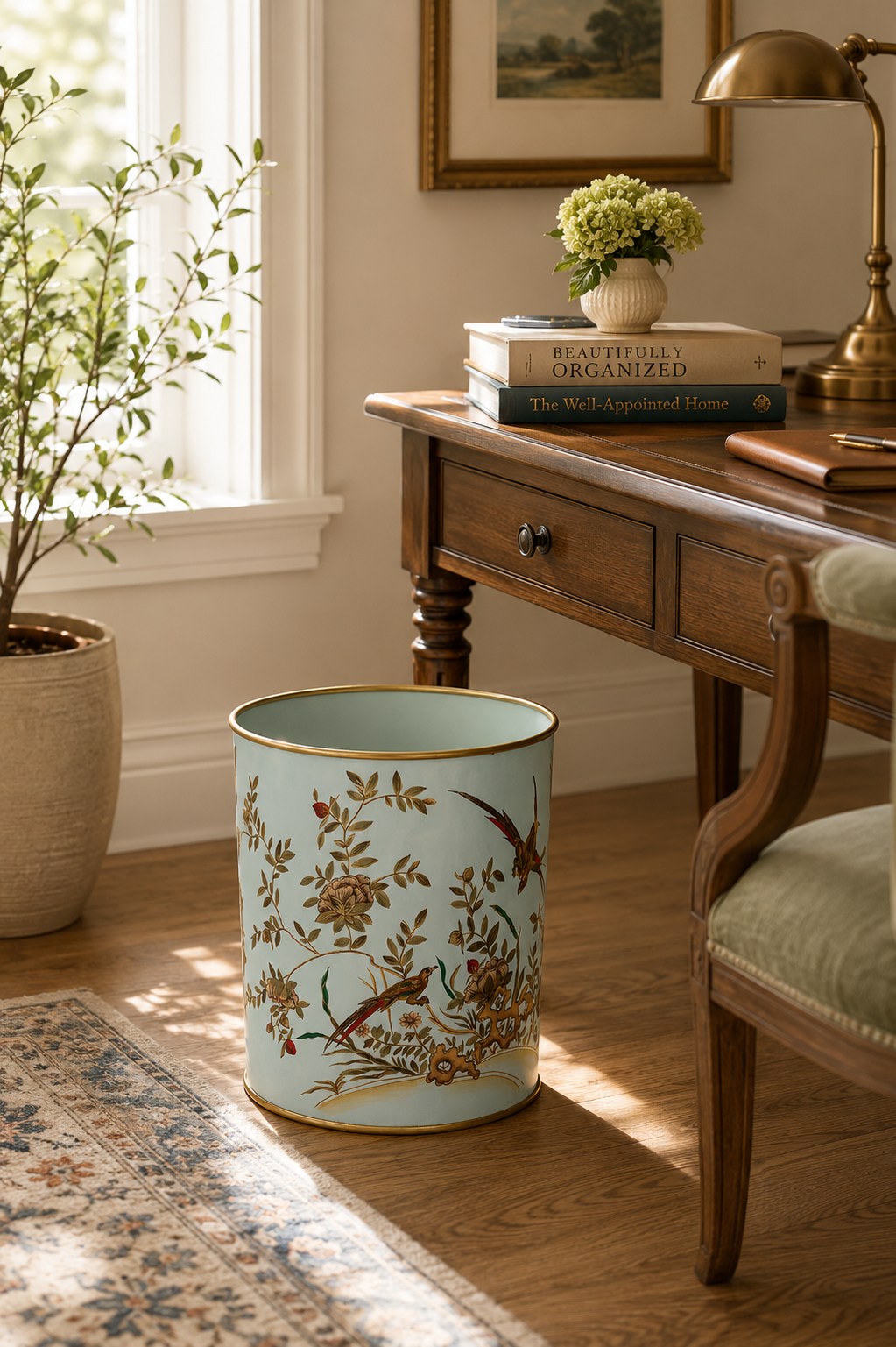 Bird & Botanical Pattern Painted Metal Bin