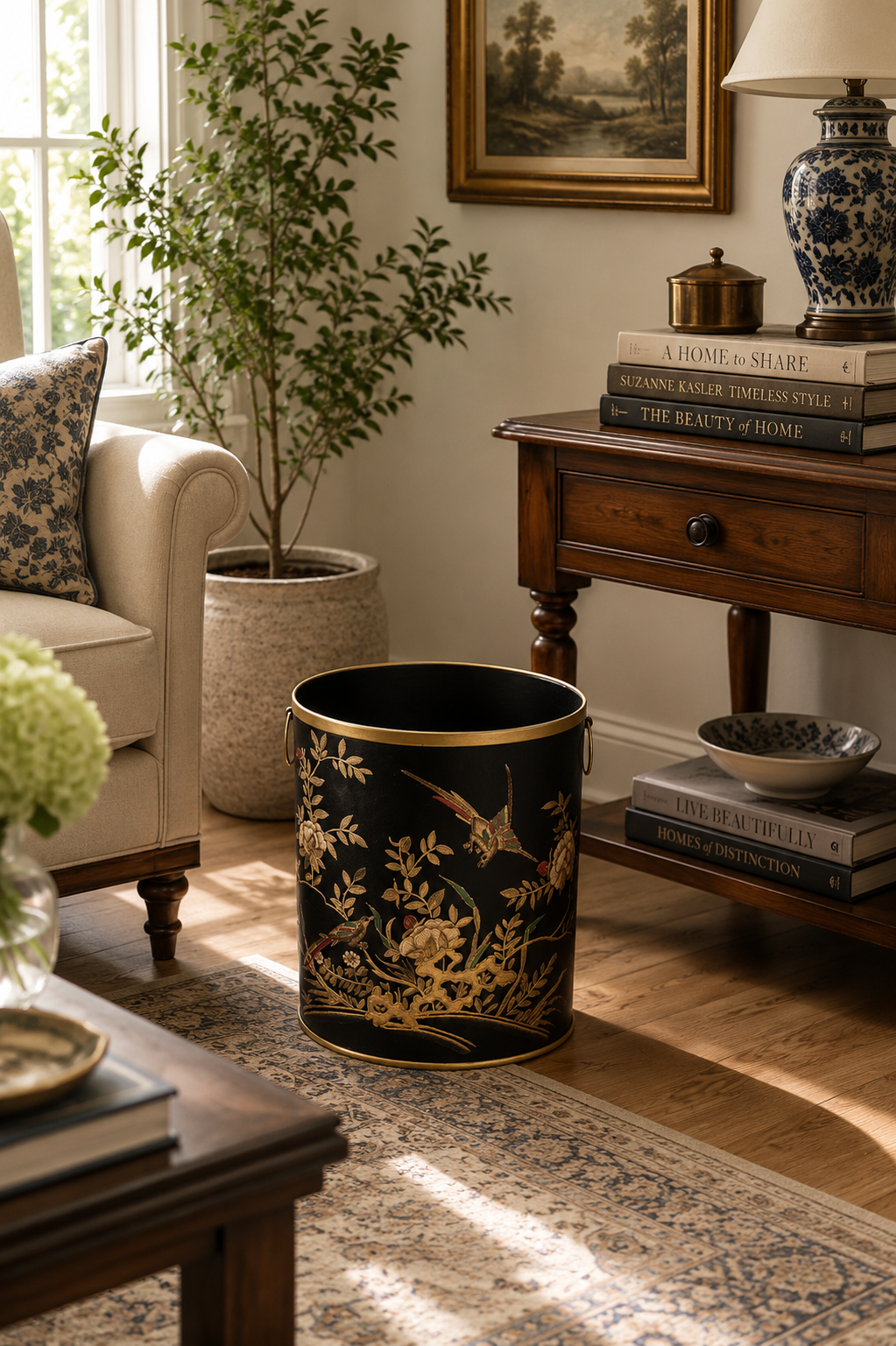 Bird & Leaf Motif Hand Painted Oval Metal Bin